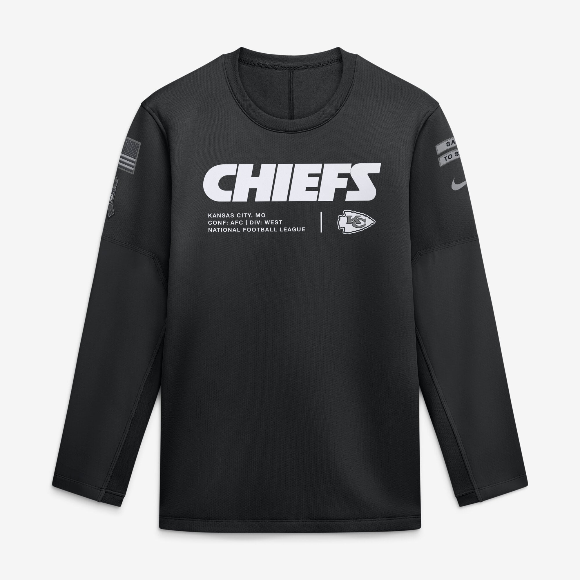 Sweat-shirt Nike noir pour homme Kansas City Chiefs 2026 Salute to Service Sideline Coaches à col rond et coupe Therma-FIT