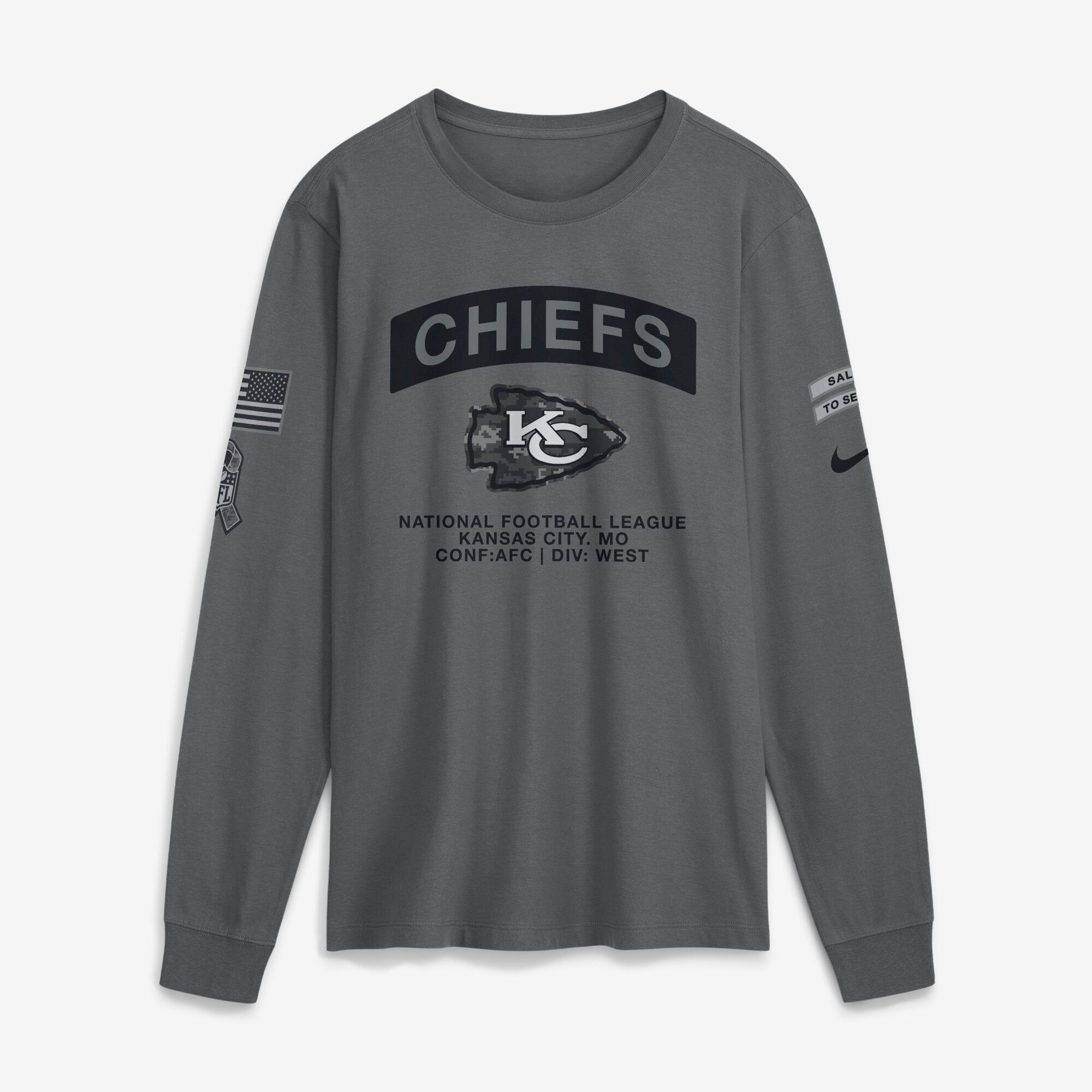 T-shirt à manches longues Nike gris Kansas City Chiefs 2026 Salute to Service pour homme
