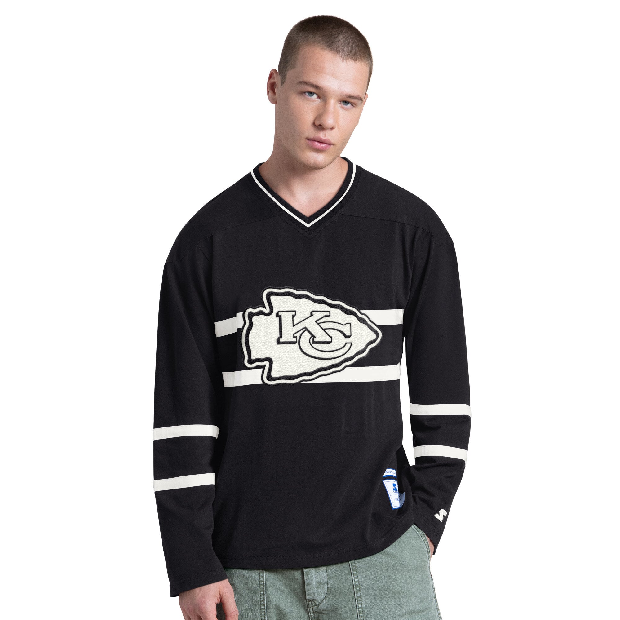 T-shirt à manches longues Starter noir et blanc pour homme, Kansas City Chiefs.