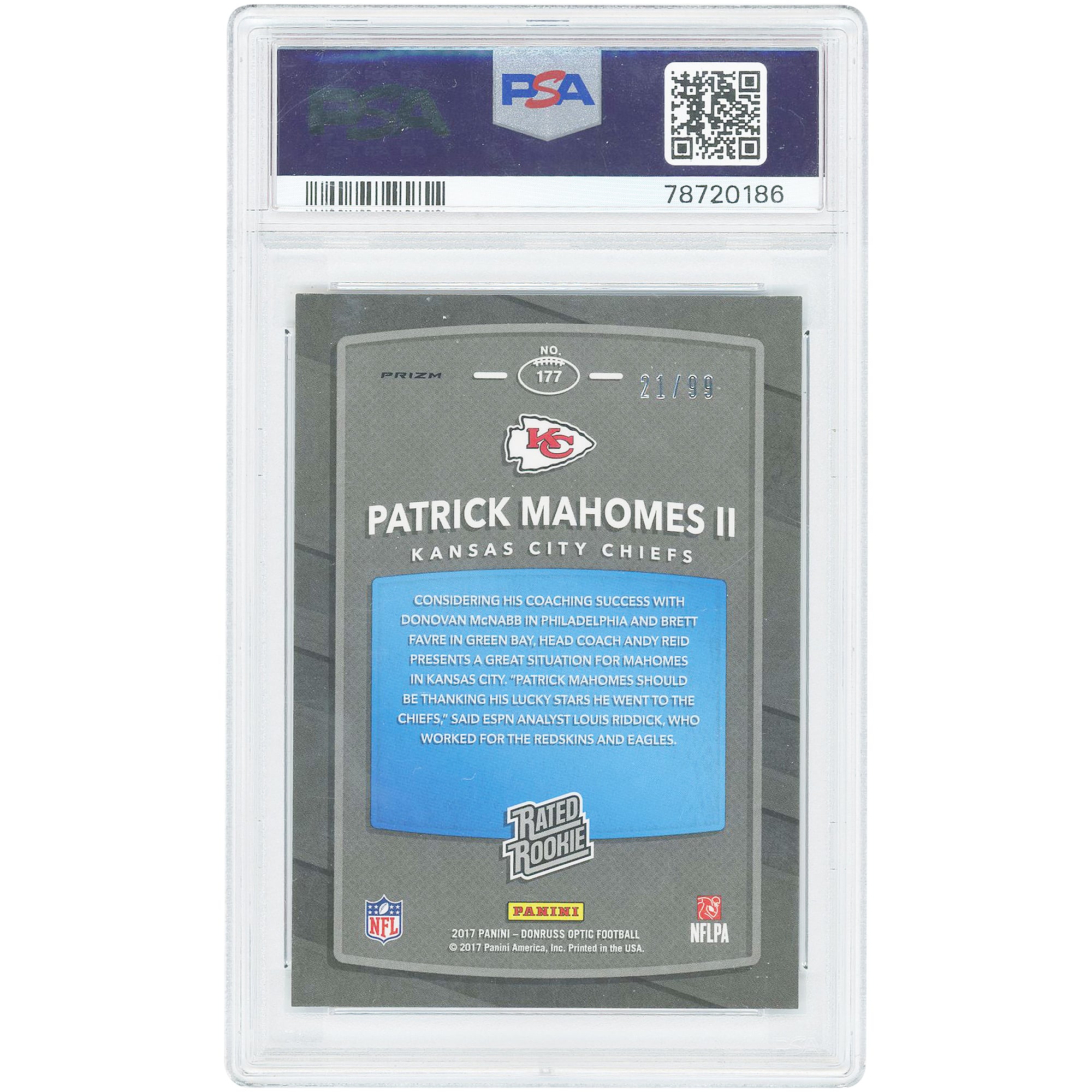 Patrick Mahomes Kansas City Chiefs 2017 Panini Donruss Optic Red #177 #21/99 PSA Authenticated 9 Rookie Card