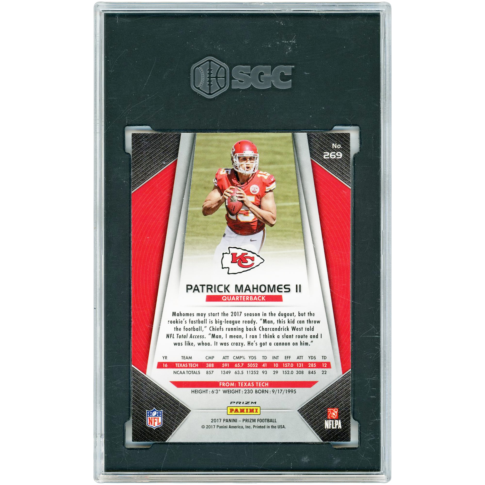 Carte recrue Patrick Mahomes Kansas City Chiefs 2017 Panini Prizm Silver Prizm n° 269, authentifiée SGC 9.5