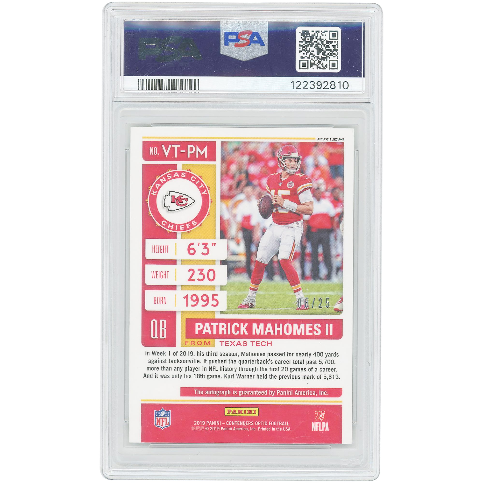 Patrick Mahomes Kansas City Chiefs Autographed 2019 Panini Contenders Optic Veteran Ticket #VT-PM #8/25 PSA Authenticated Card