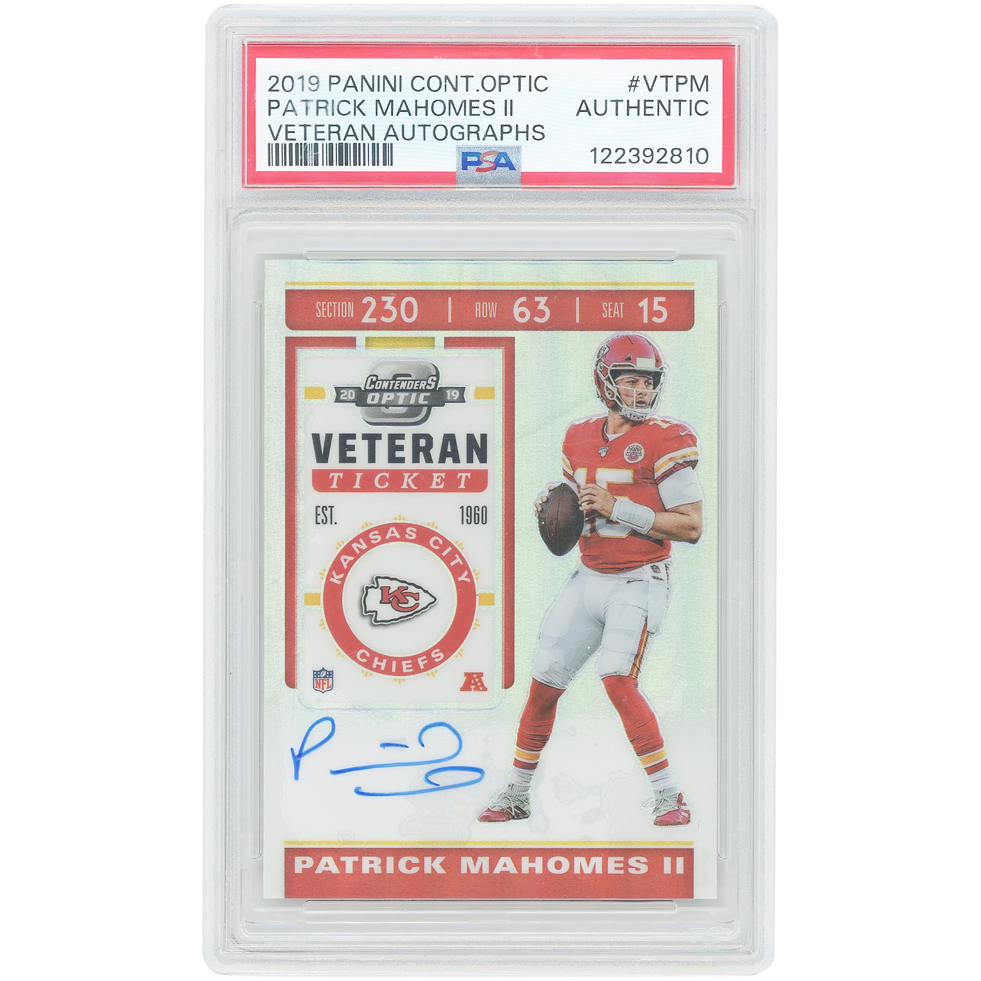 Patrick Mahomes Kansas City Chiefs Autographed 2019 Panini Contenders Optic Veteran Ticket #VT-PM #8/25 PSA Authenticated Card