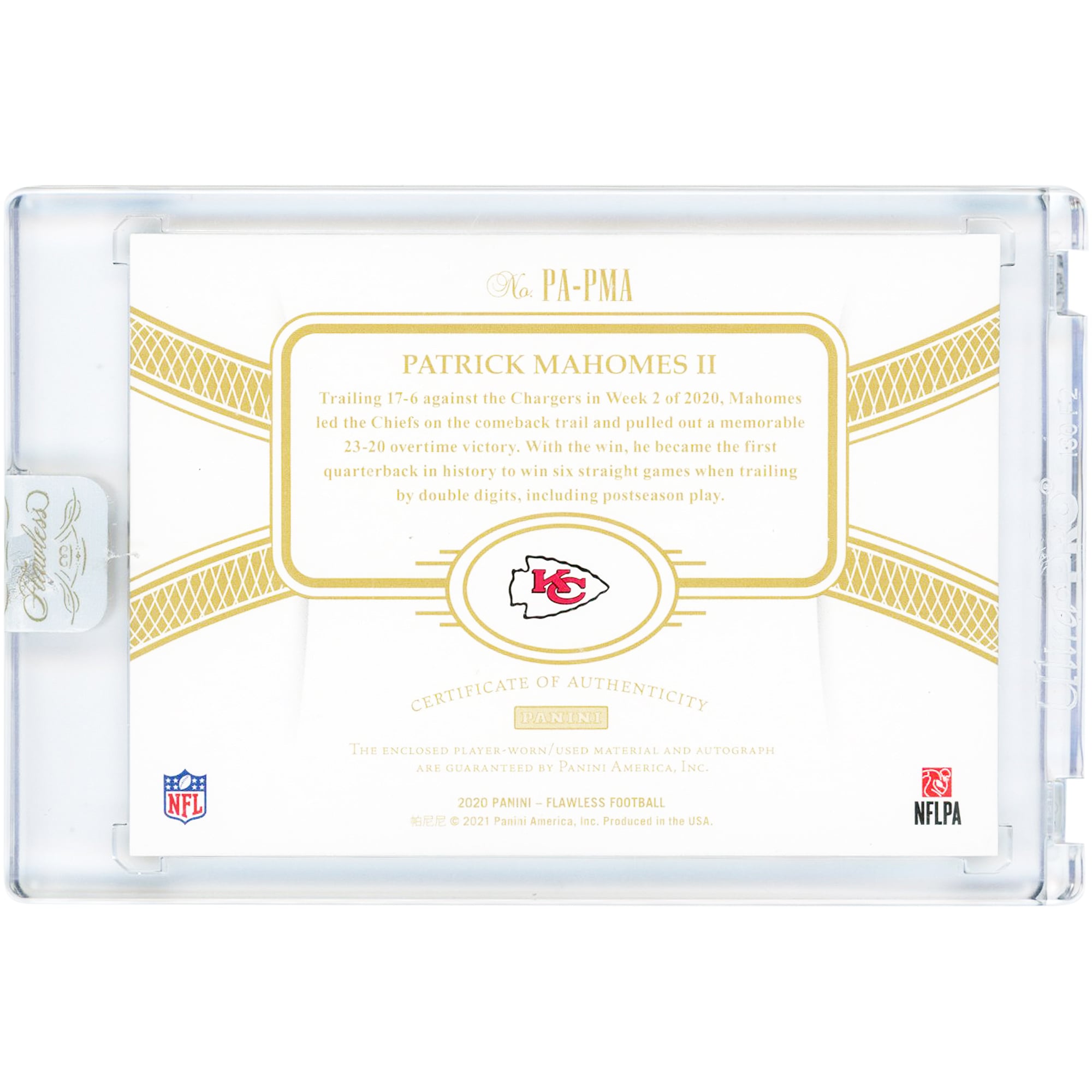Carte Panini Flawless Holo Gold Tri-Color Jersey Relic 2020 autographiée par Patrick Mahomes des Kansas City Chiefs #PA-PMA #9/10