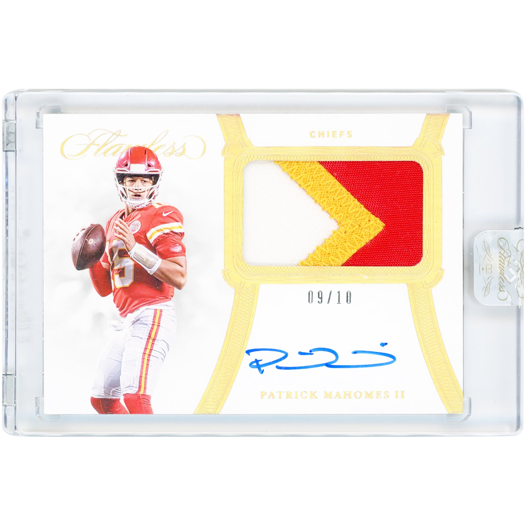 Carte Panini Flawless Holo Gold Tri-Color Jersey Relic 2020 autographiée par Patrick Mahomes des Kansas City Chiefs #PA-PMA #9/10