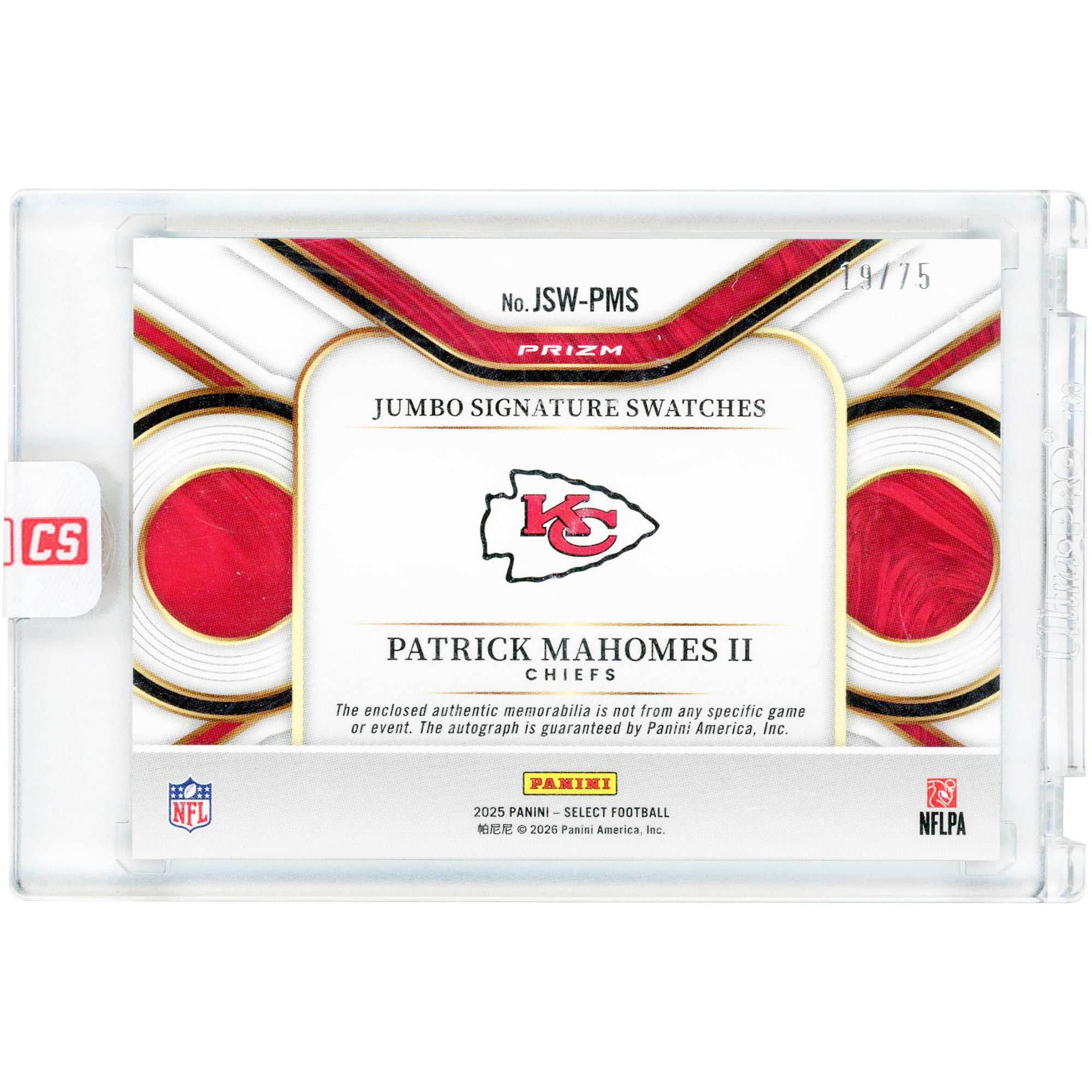Patrick Mahomes Kansas City Chiefs Autographed 2025 Panini Select Jumbo Signature Swatches Relic #JSW-PMS #19/75 Card
