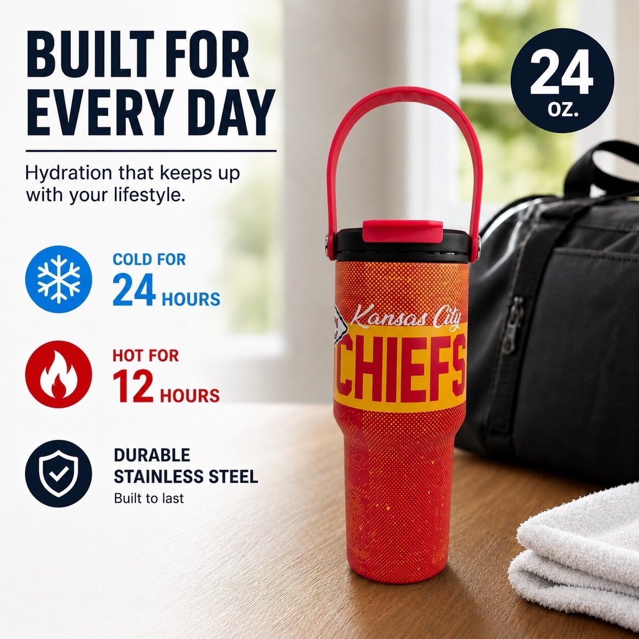 Gourde Pegasus Kansas City Chiefs de 710 ml (24 oz) en acier inoxydable à double bouchon et motif moucheté dégradé
