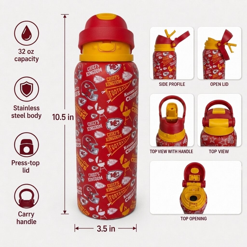 Gourde Pegasus Kansas City Chiefs 32 oz, fanion de match, en acier inoxydable ProPress