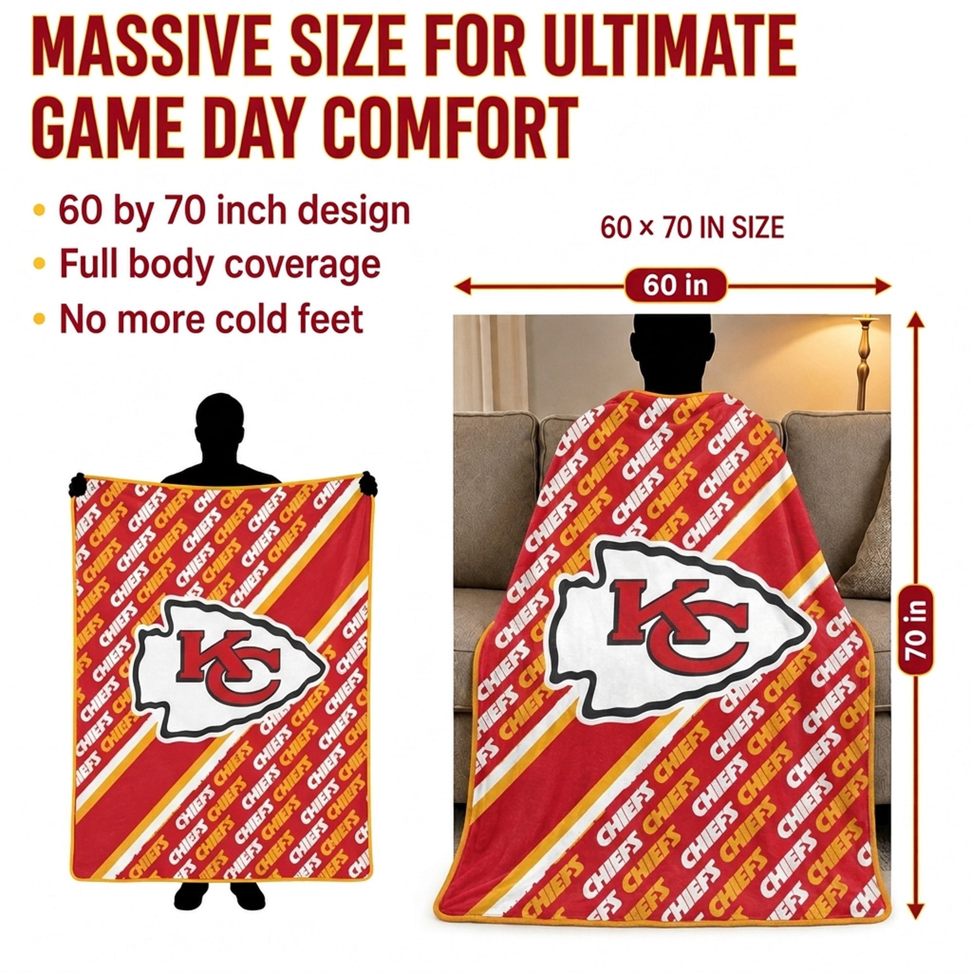 Couverture ultra douce Pegasus Kansas City Chiefs, 152 x 178 cm (diagonale), doublée, avec logo.