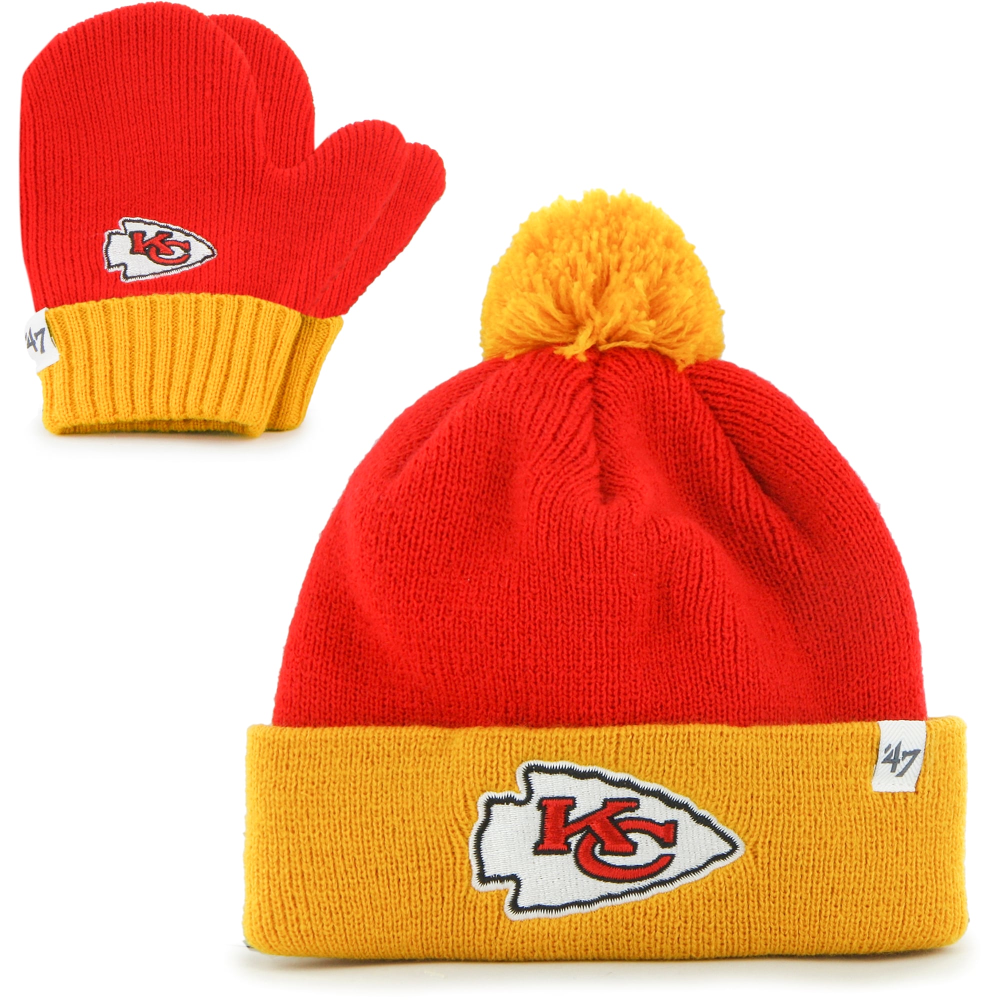 Toddler '47 Rouge/Or Kansas City Chiefs Bam Bam Cuffed Knit Hat with Pom and Mittens Set