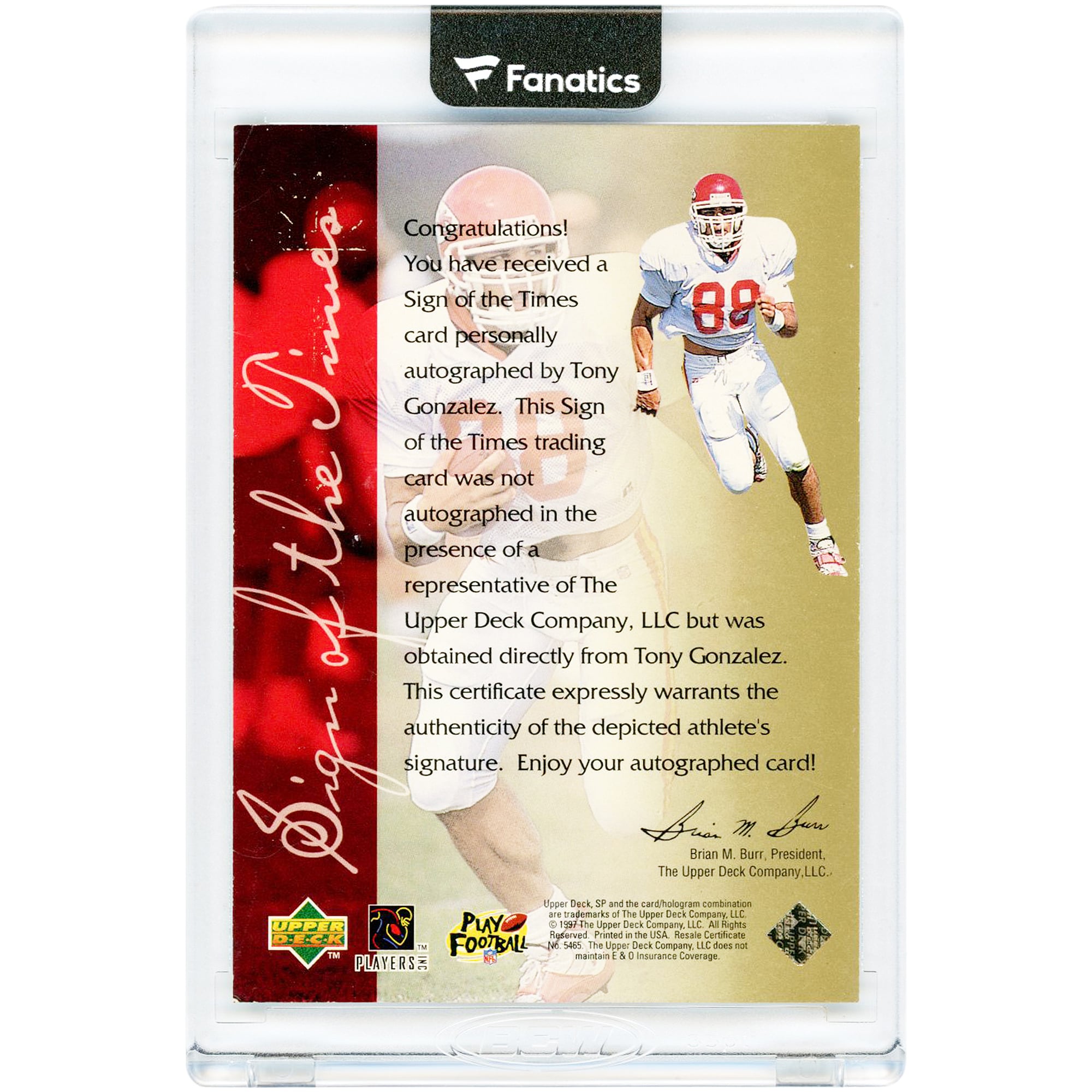 Tony Gonzalez Kansas City Chiefs Autographed 1997 Upper Deck SP Authentic Sign Of The Times #NNO Card