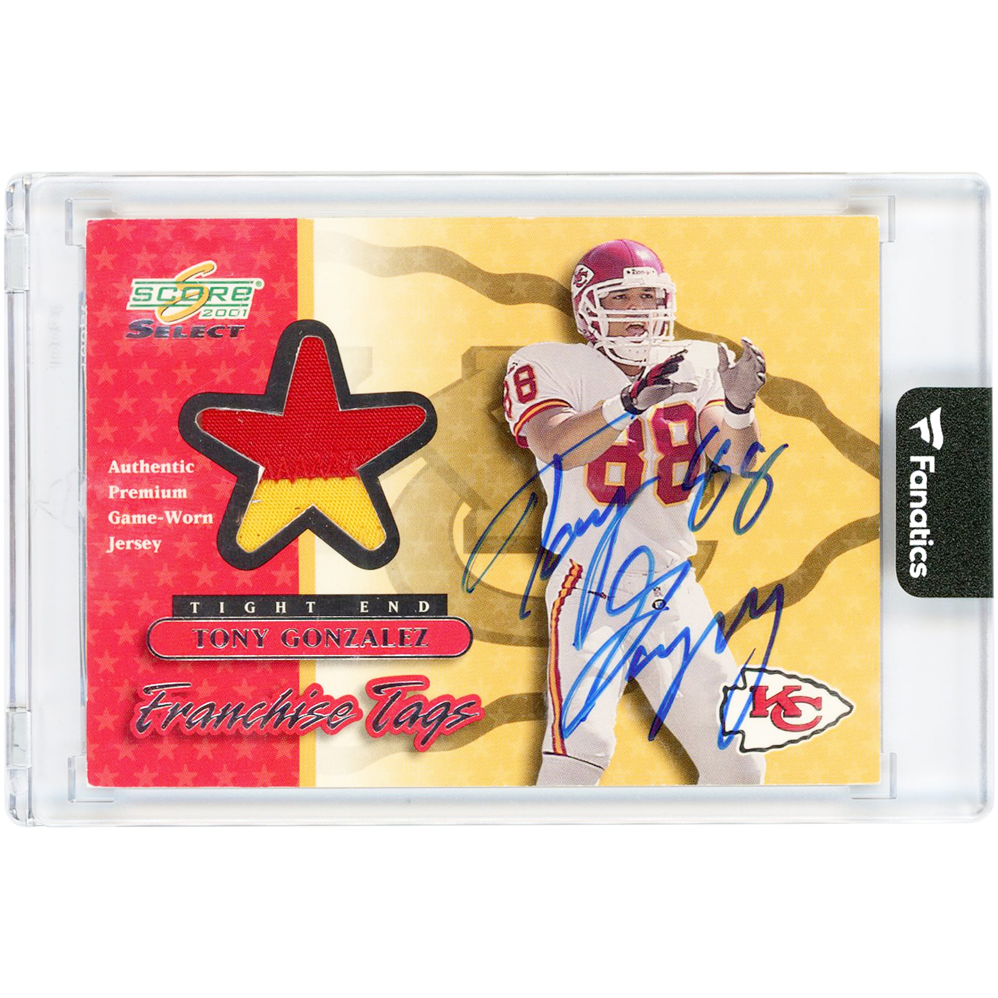 Tony Gonzalez Kansas City Chiefs Autographed 2001 Score Dual-Color Game Used Relic #FT-9 #31/50 Card