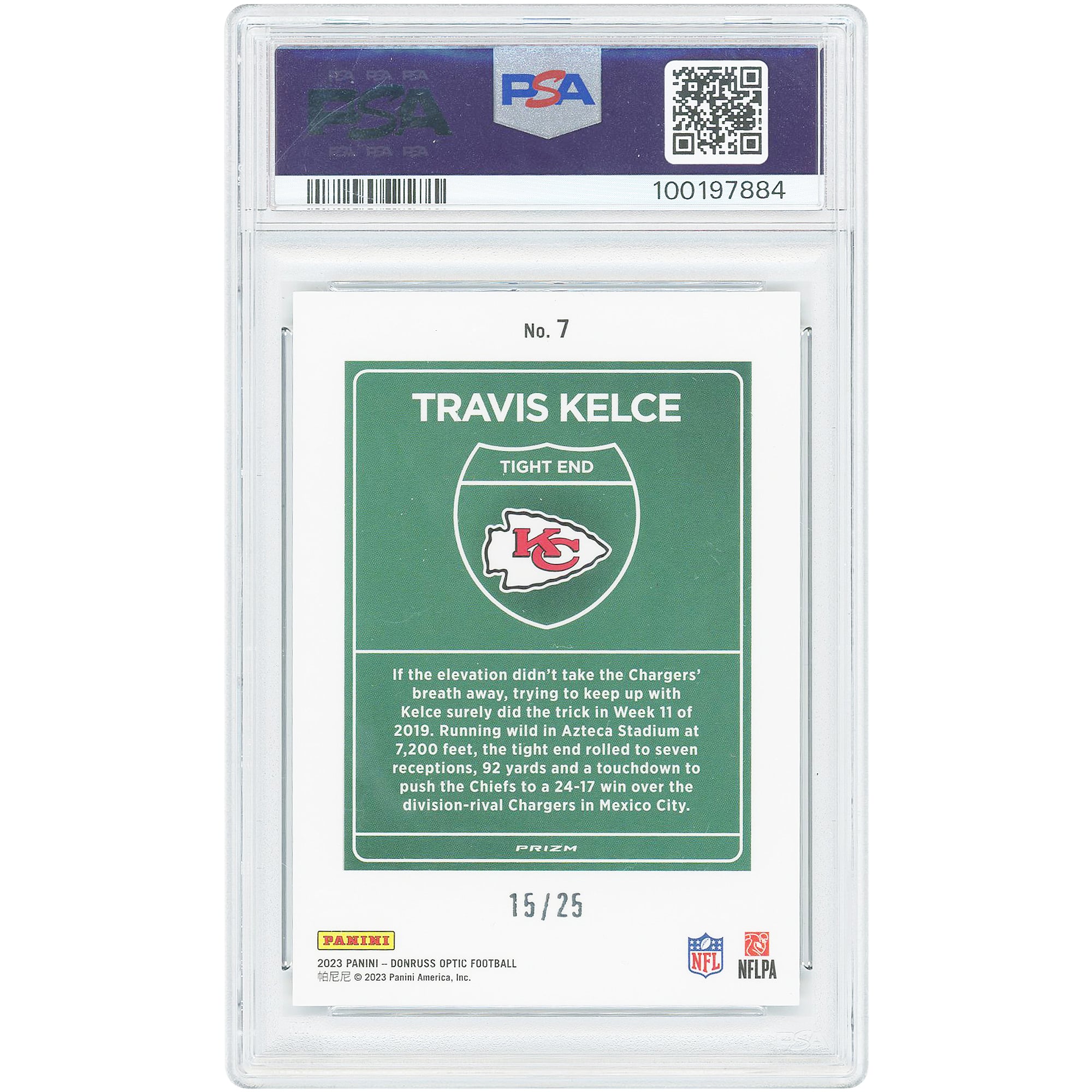 Travis Kelce Kansas City Chiefs 2023 Panini Donruss Optic International Downtown Pandora #7 #15/25 PSA Authenticated 10 Card