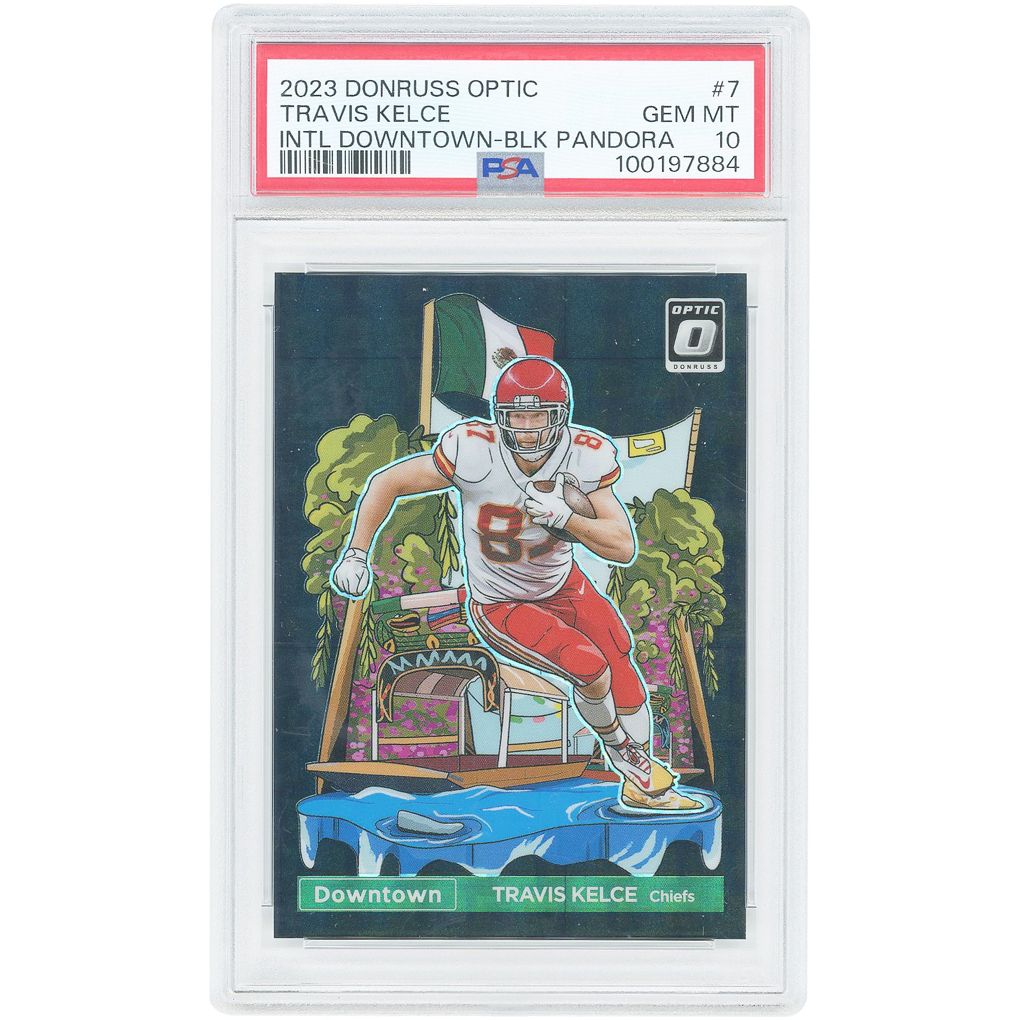 Travis Kelce Kansas City Chiefs 2023 Panini Donruss Optic International Downtown Pandora #7 #15/25 PSA Authenticated 10 Card