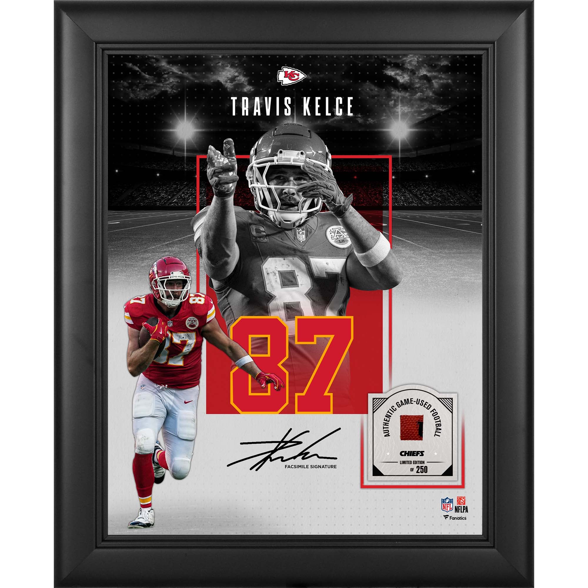 Travis Kelce Kansas City Chiefs Facsimile Signature Framed 11" x 14" Showcase Collage with a Piece of Game-Used Football - Limited Edition of 250