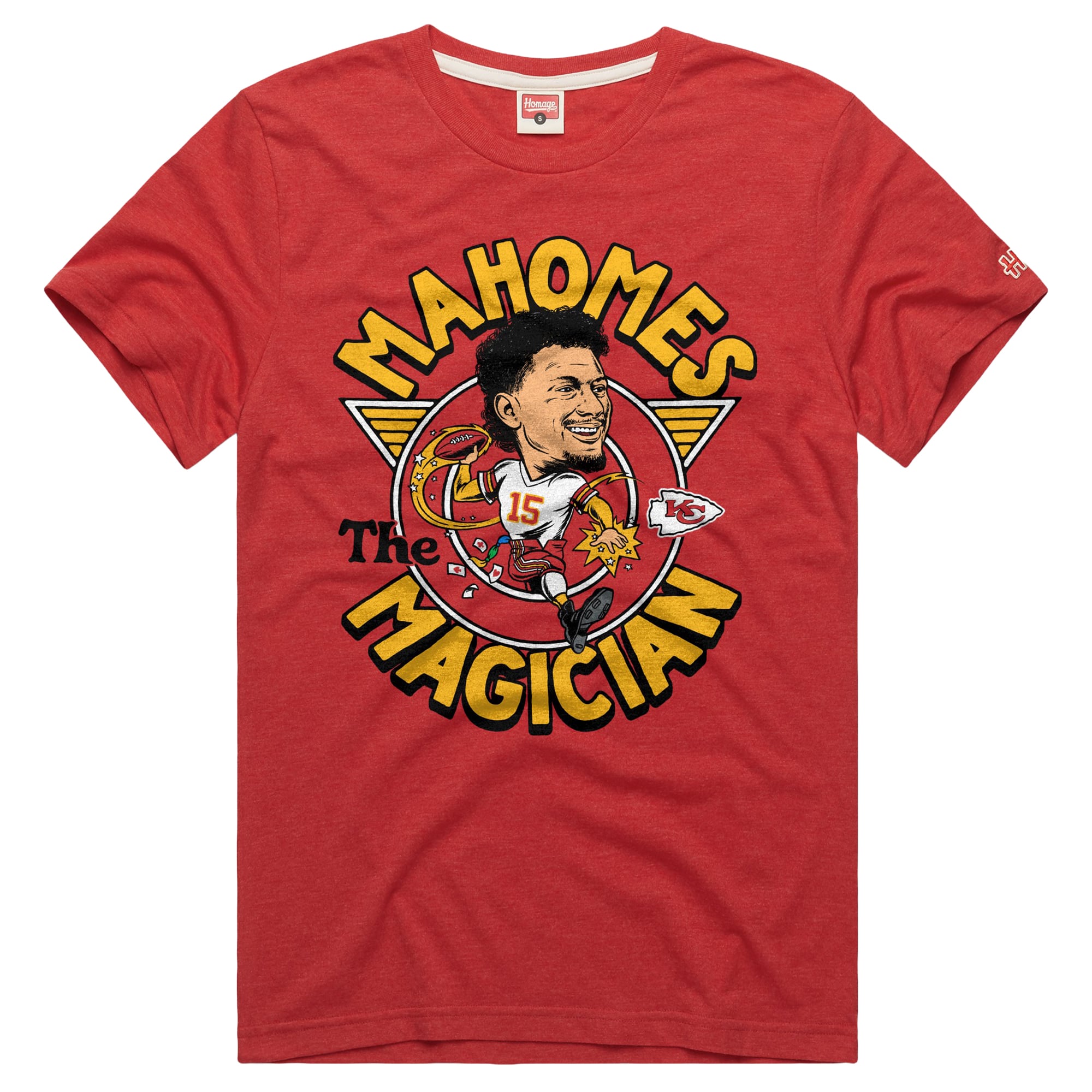 T-shirt unisexe en mélange de trois matières, hommage à Patrick Mahomes, joueur des Kansas City Chiefs, rouge, caricature du
