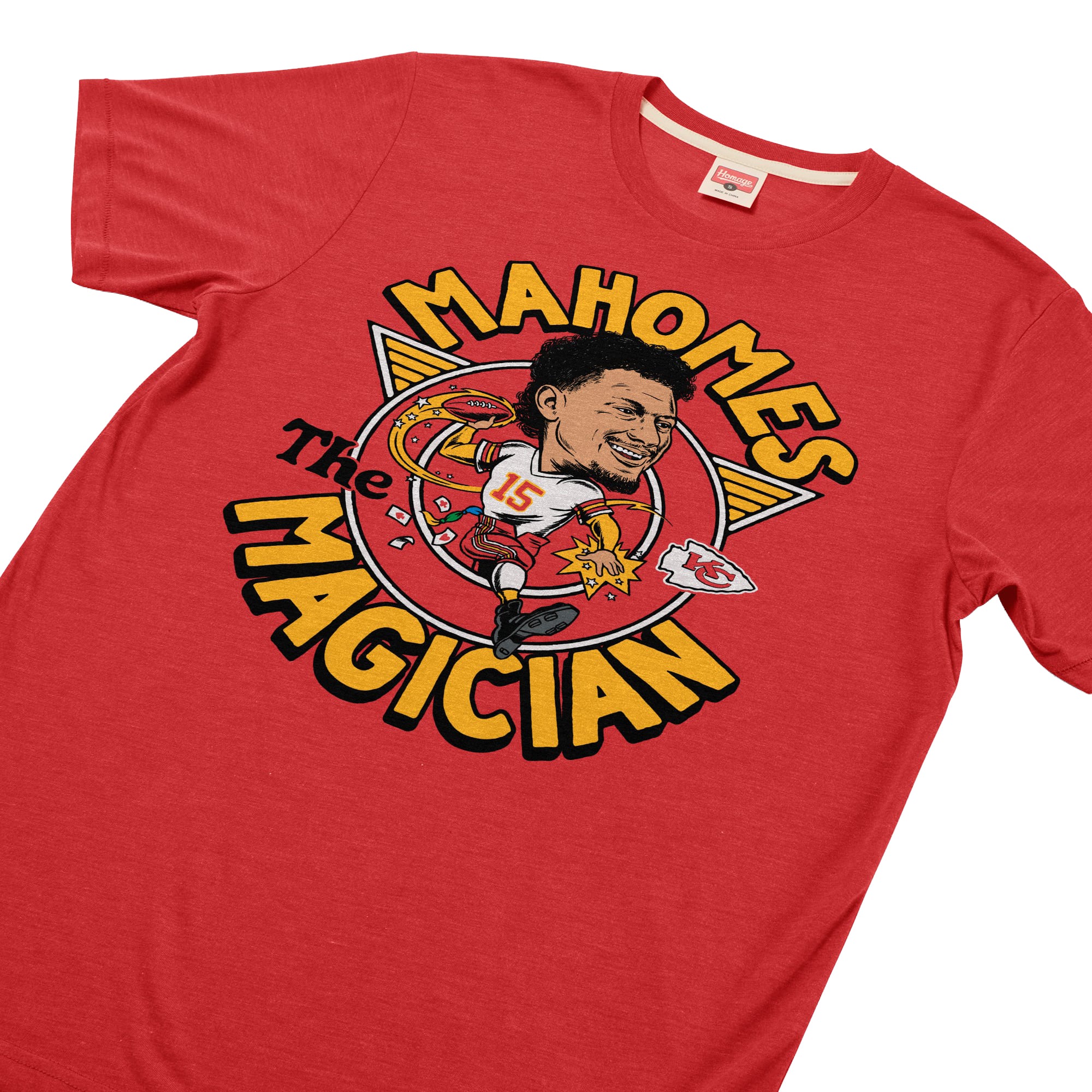 T-shirt unisexe en mélange de trois matières, hommage à Patrick Mahomes, joueur des Kansas City Chiefs, rouge, caricature du