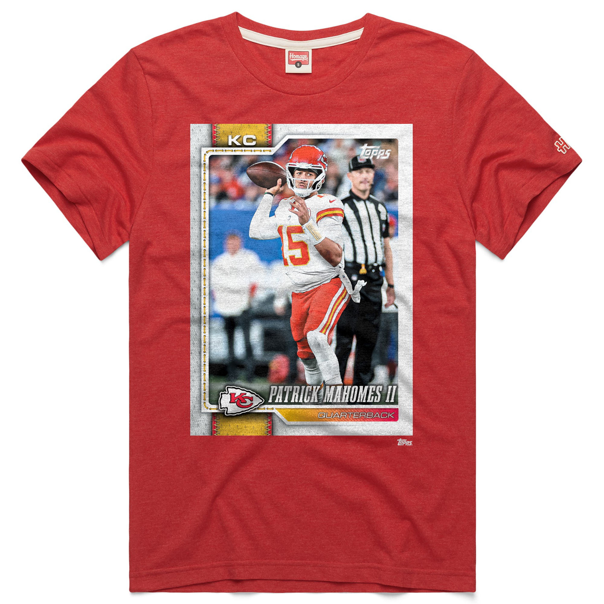 T-shirt unisexe hommage à Patrick Mahomes, rouge, Kansas City Chiefs, NFL Topps Trading Card, mélange de trois matières