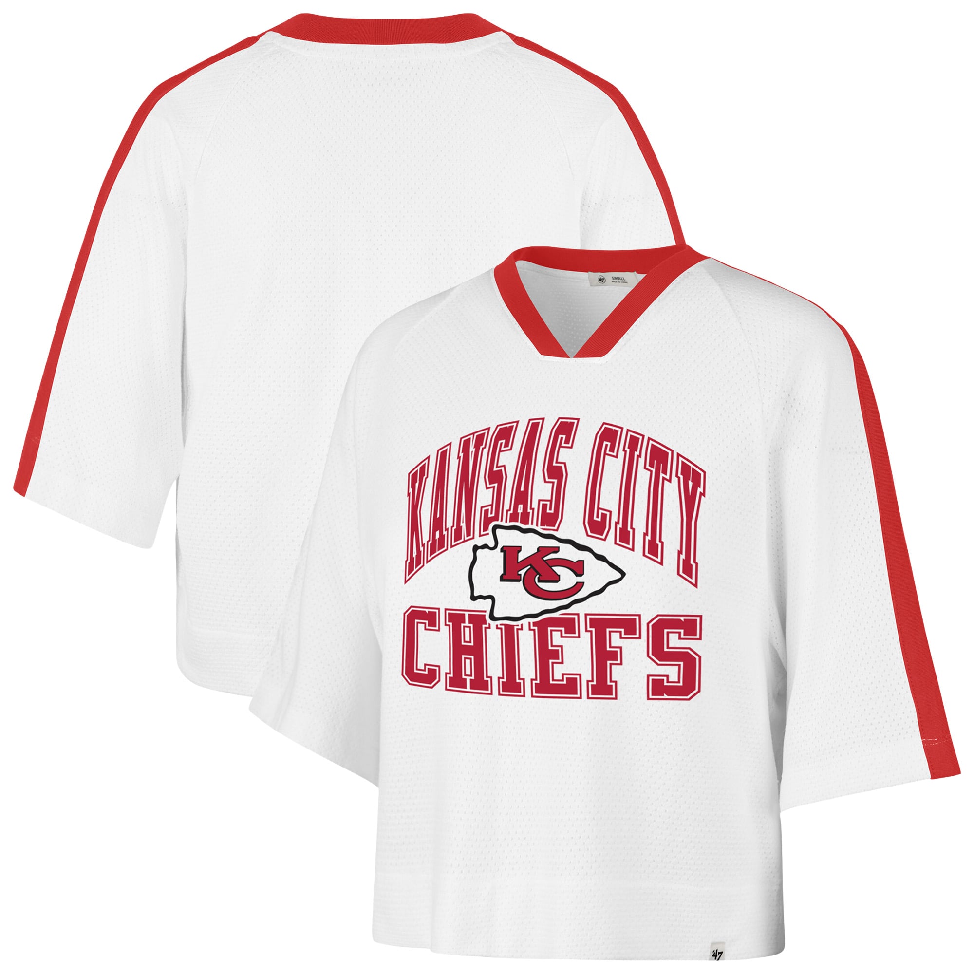 Women's '47 White Kansas City Chiefs Big Overarch Drop Needle Raglan V-Neck T-Shirt