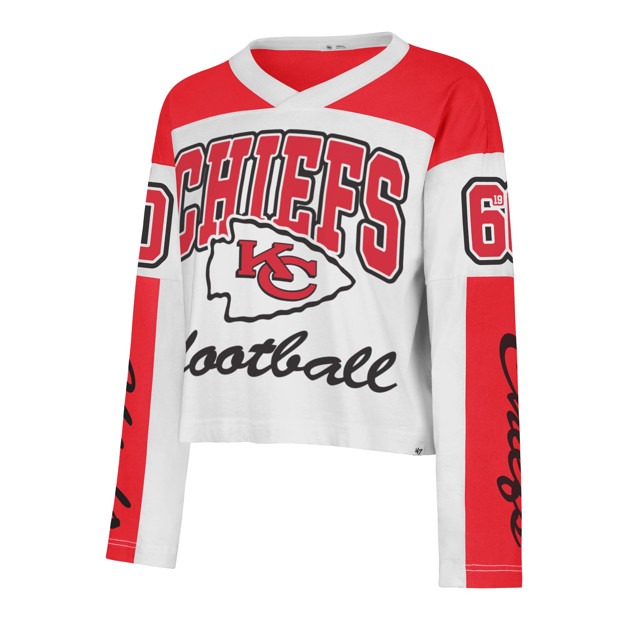 T-shirt à manches longues et col en V blanc Kansas City Chiefs pour femme, modèle '47.