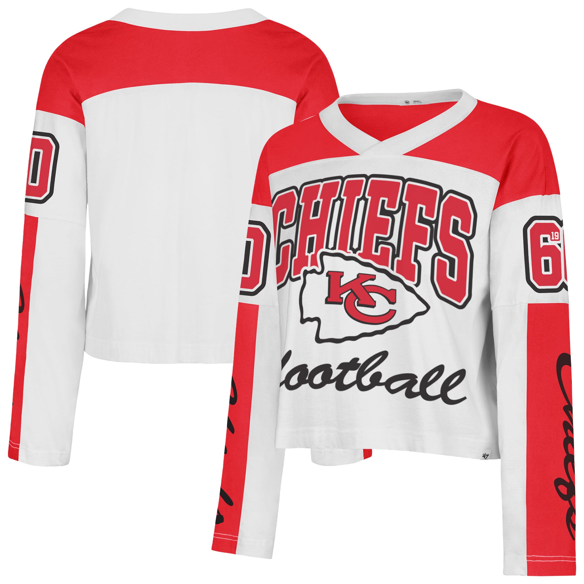 T-shirt à manches longues et col en V blanc Kansas City Chiefs pour femme, modèle '47.