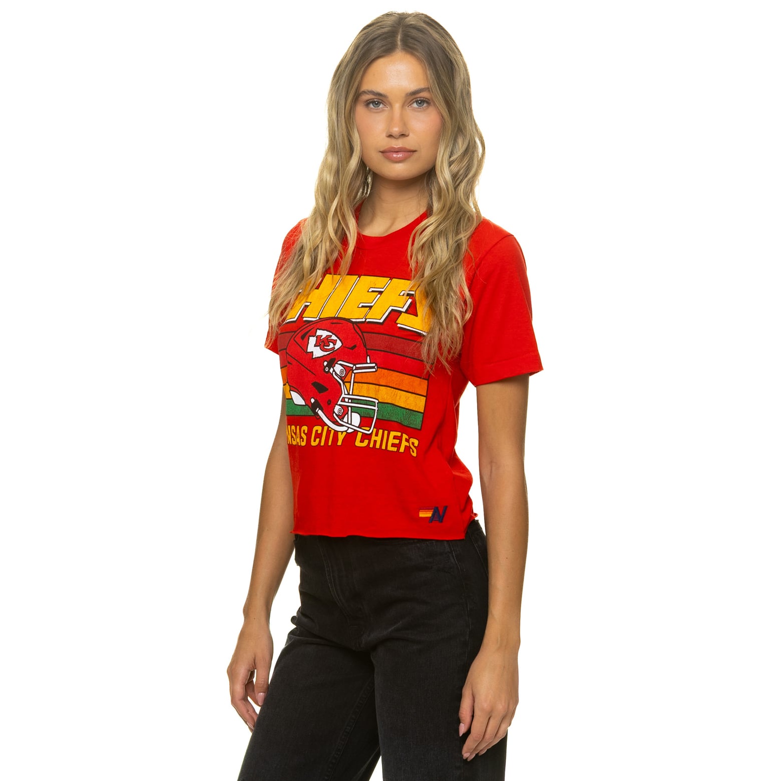 T-shirt Aviator Nation rouge Kansas City Chiefs pour femme, coupe carrée, style boyfriend, en mélange de trois matières