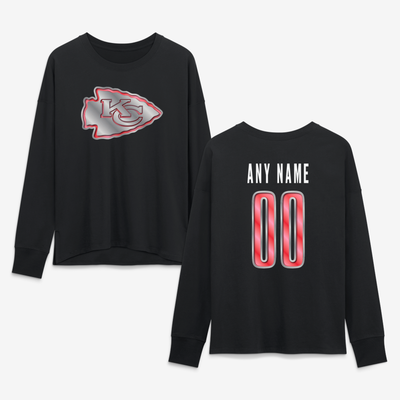 Kansas City Chiefs Women's Metallic Mascot Personalized Name & Number Long Sleeve T-Shirt - Black
