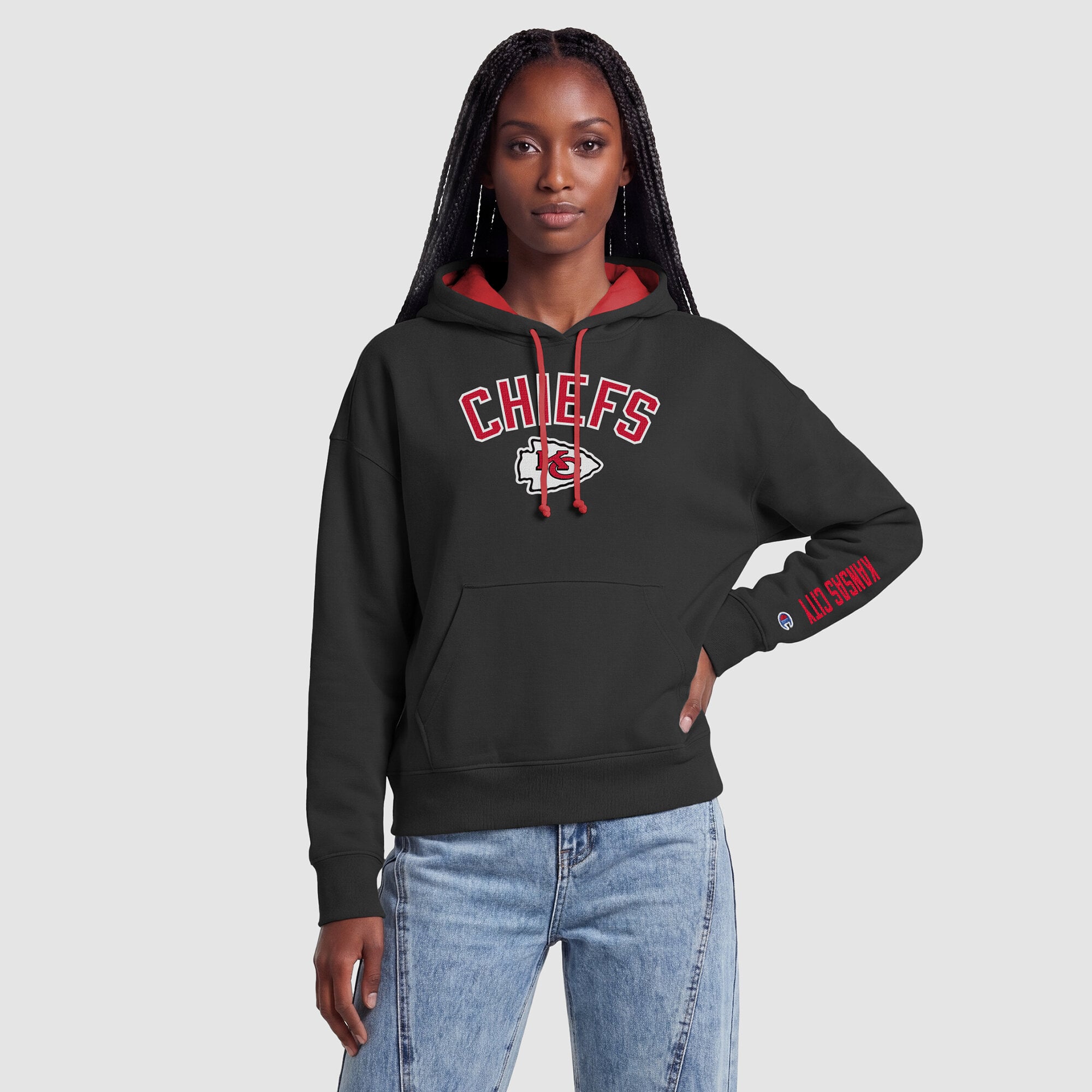 Sweat à capuche Champion noir et rouge pour femme, Kansas City Chiefs, doublure contrastée