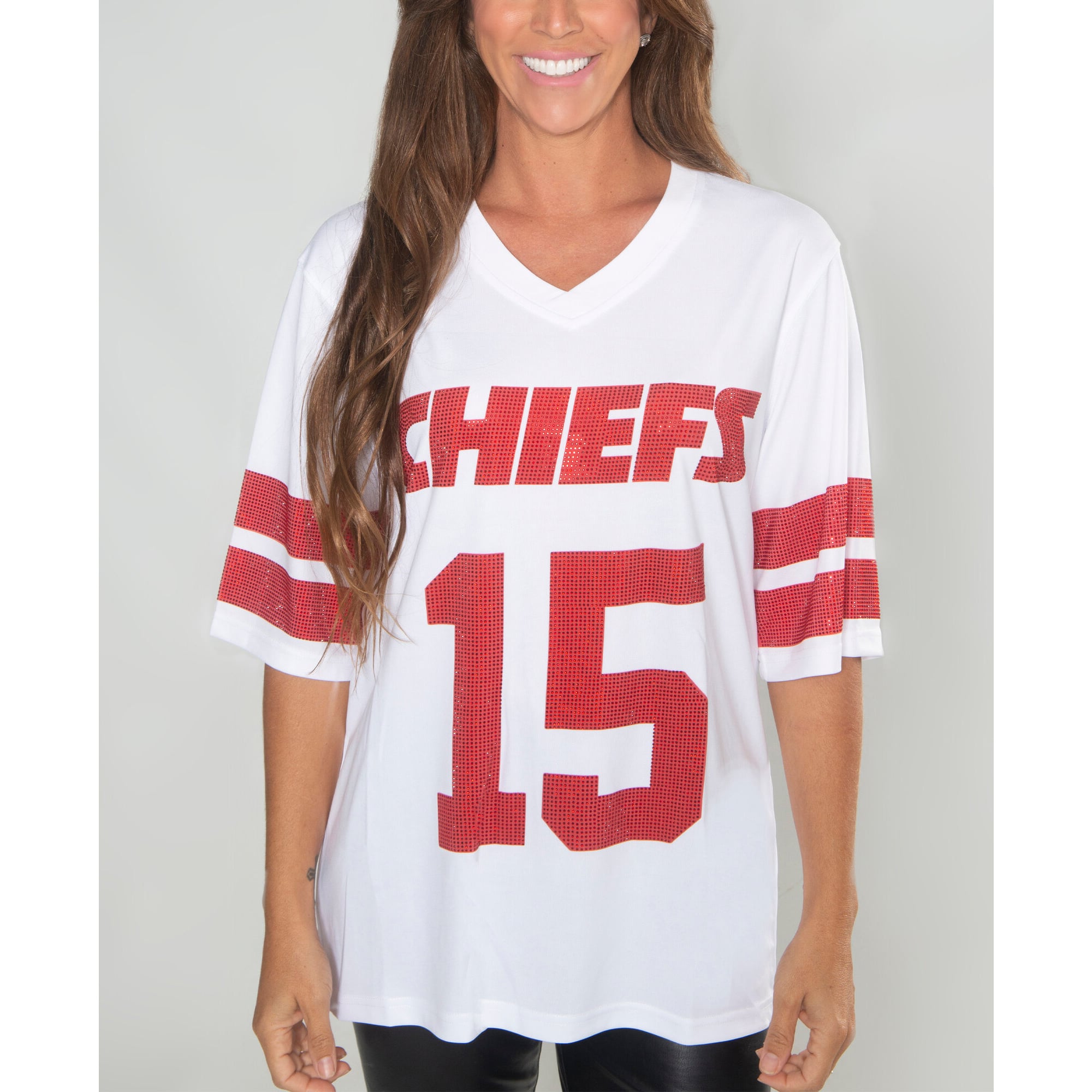 Tunique FABGATING pour femmes par Cuce Patrick Mahomes, blanche, Kansas City Chiefs, ornée de cristaux et à col en V