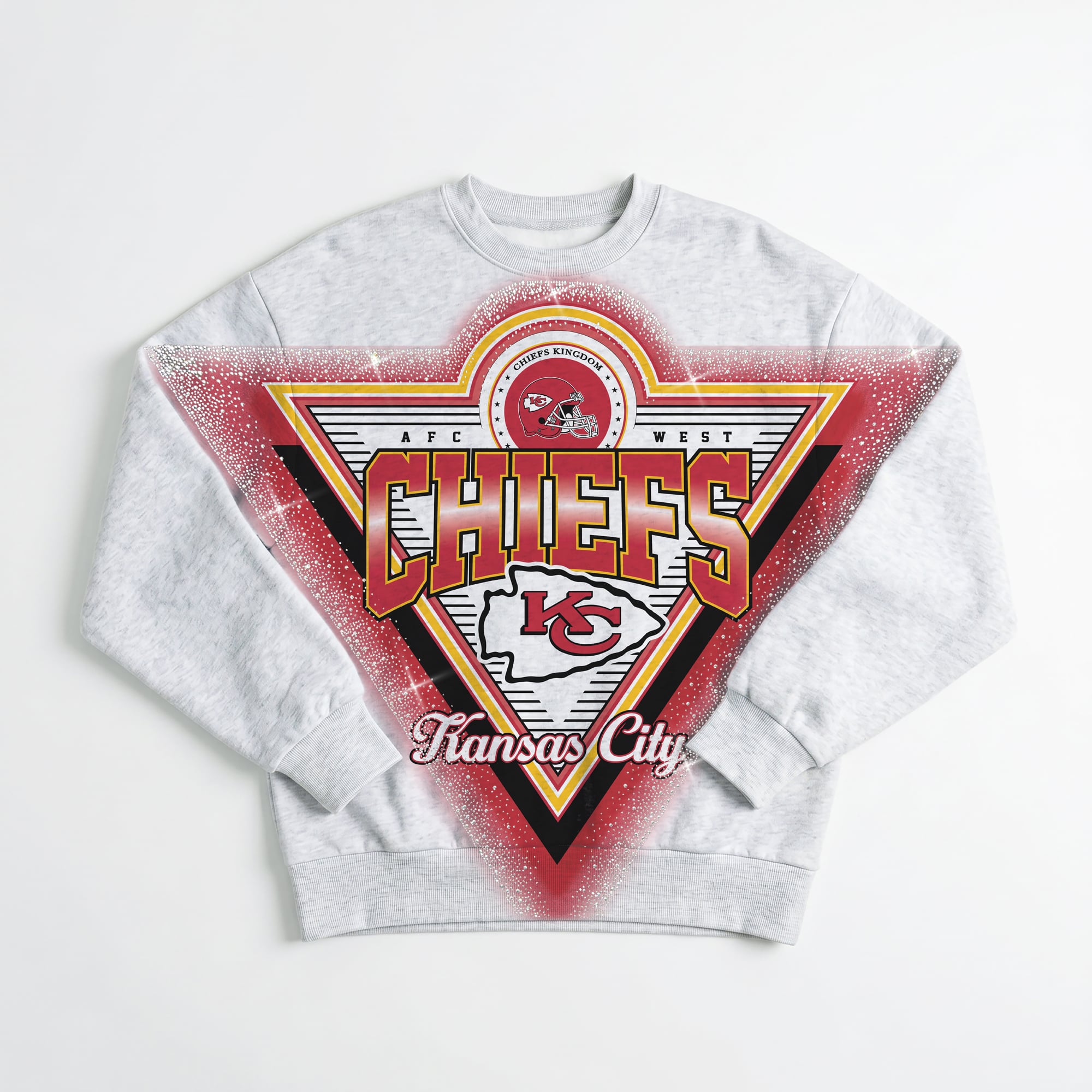 Sweat-shirt oversize en polaire pour femme, gris chiné, Kansas City Chiefs, orné de strass, idéal les matchs jour.