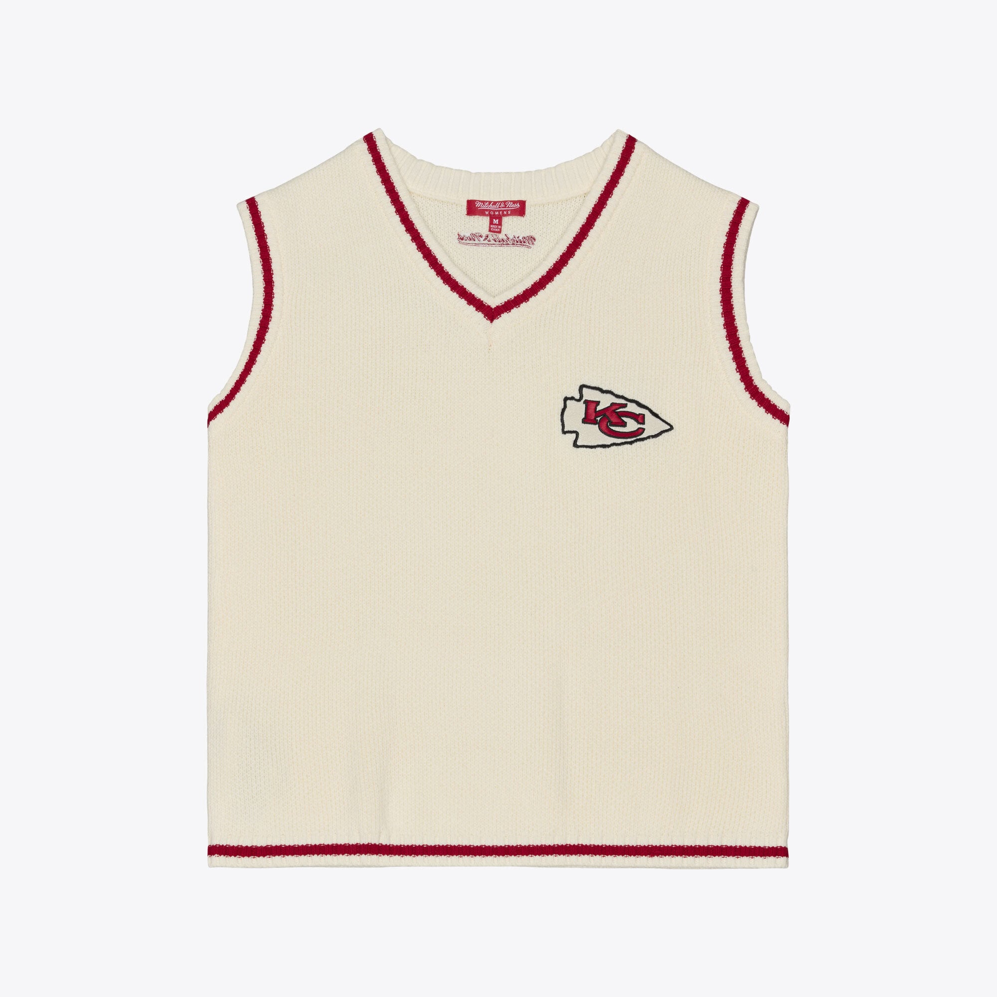 Gilet sans manches Mitchell & Ness crème pour femme, Kansas City Chiefs Retro Roots, col en V