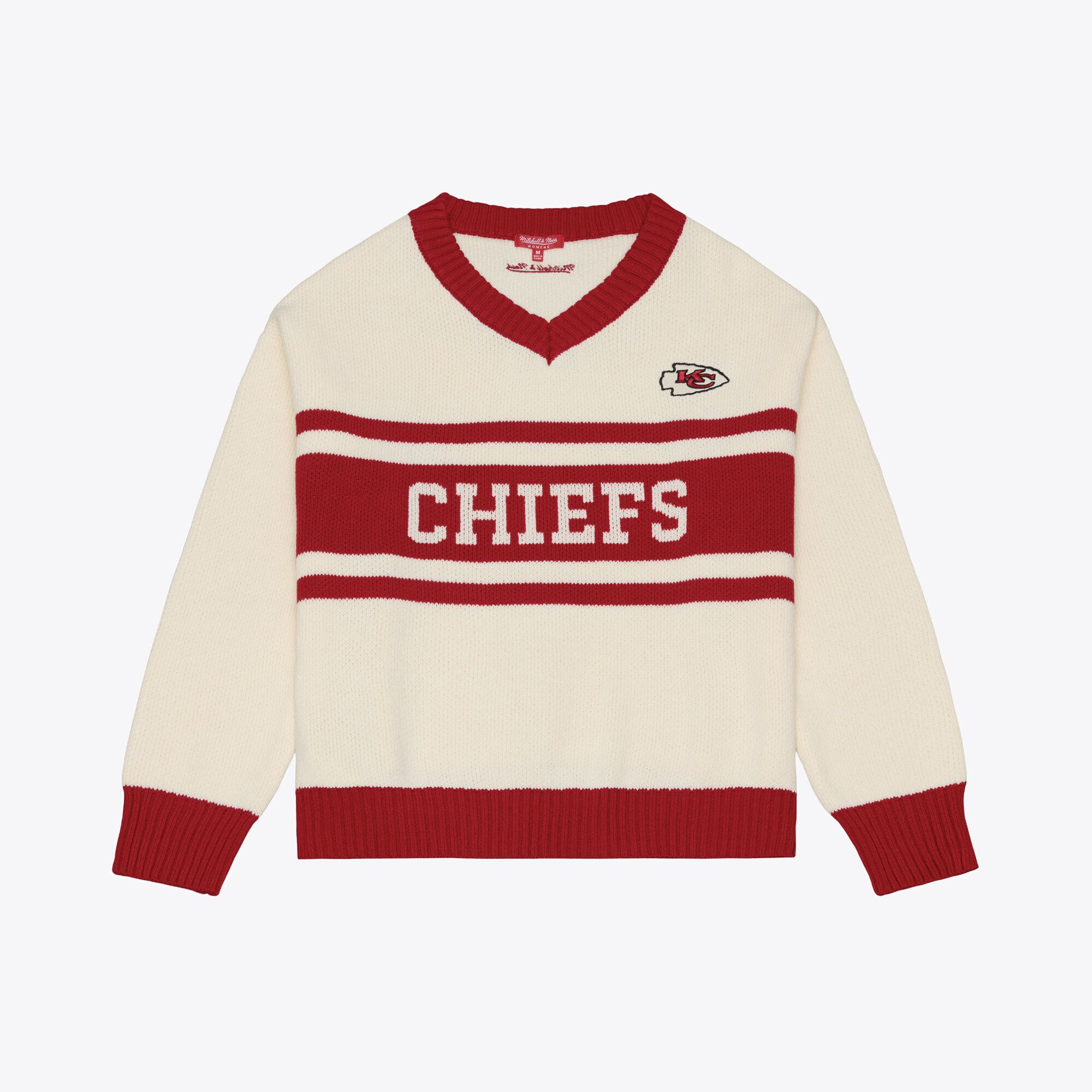 Women's Mitchell & Ness Cream/Red Kansas City Chiefs Retro Roots V-Neck Sweater