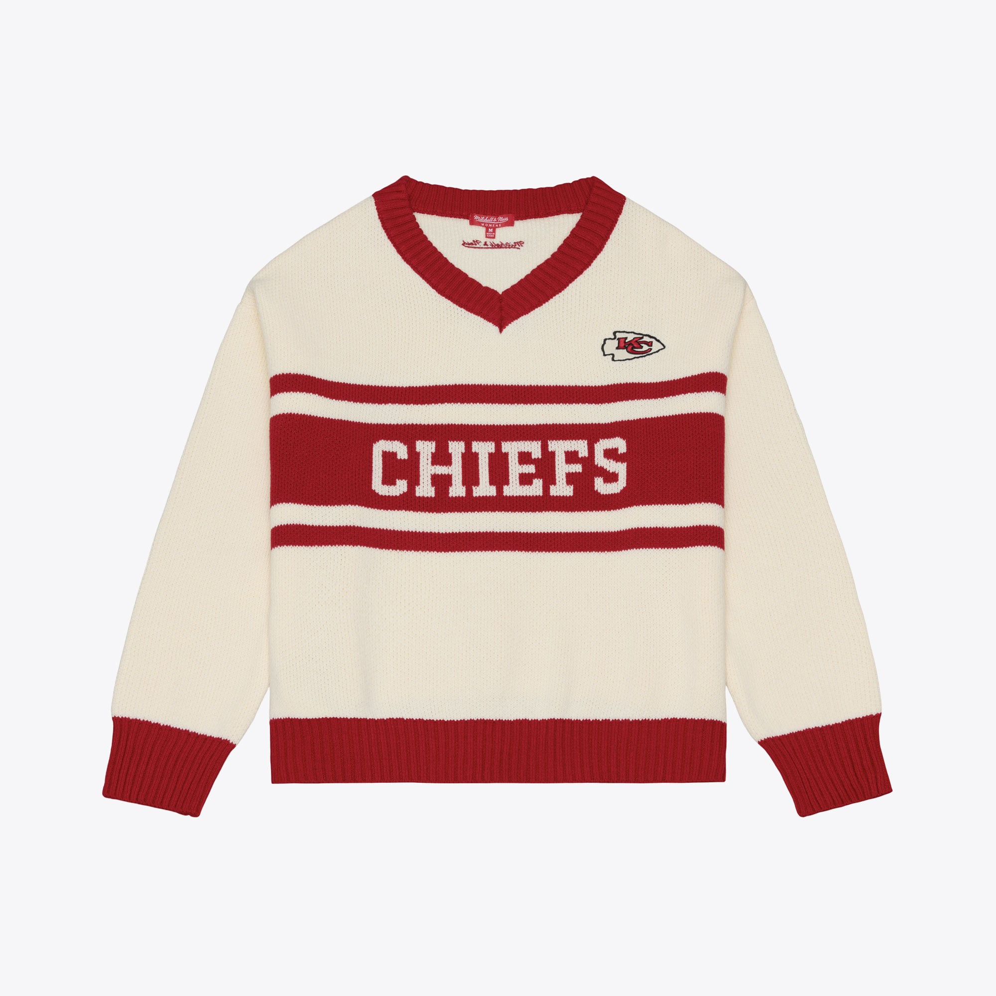 Women's Mitchell & Ness Cream/Red Kansas City Chiefs Retro Roots V-Neck Sweater