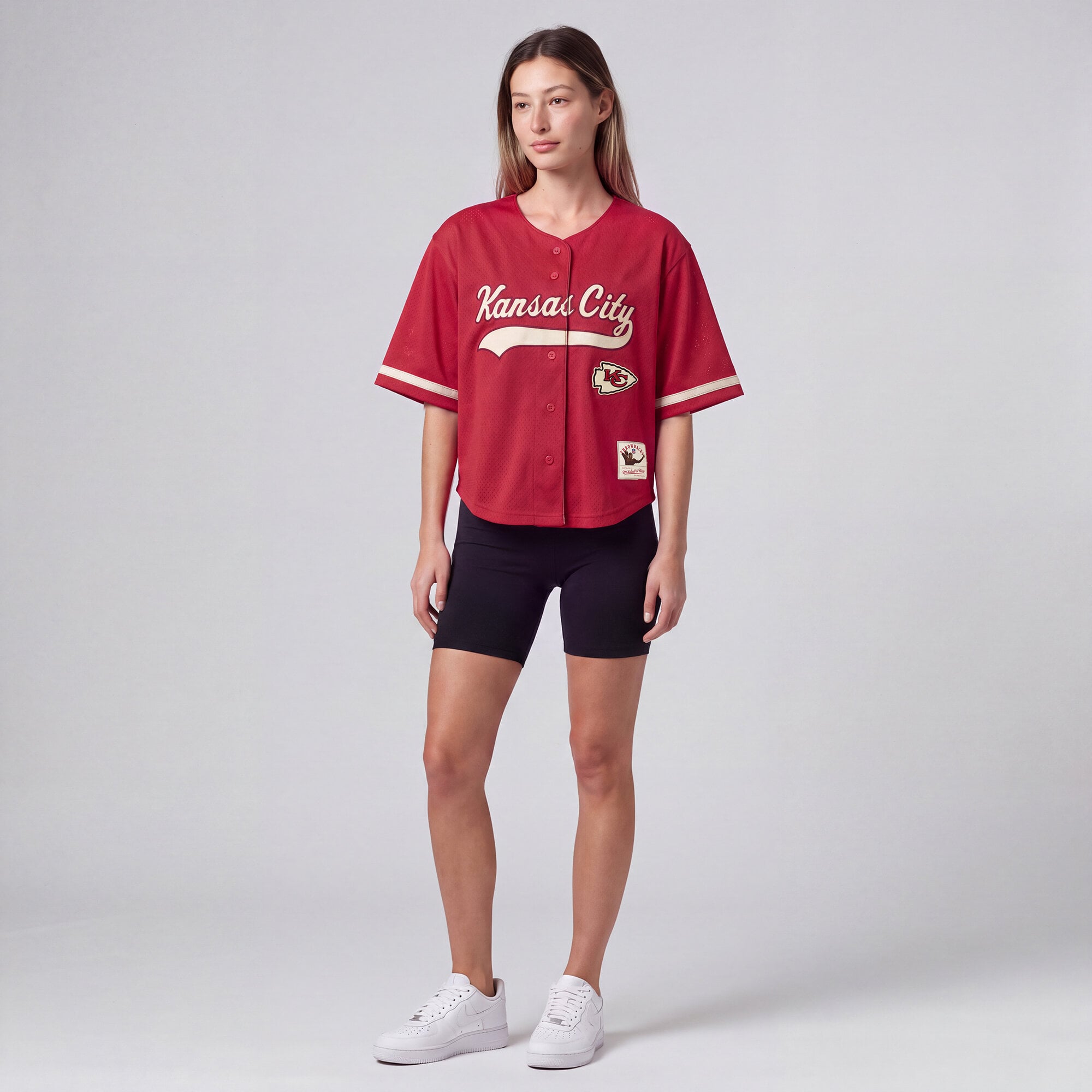 Maillot de baseball rétro Roots rouge Kansas City Chiefs pour femmes Mitchell & Ness