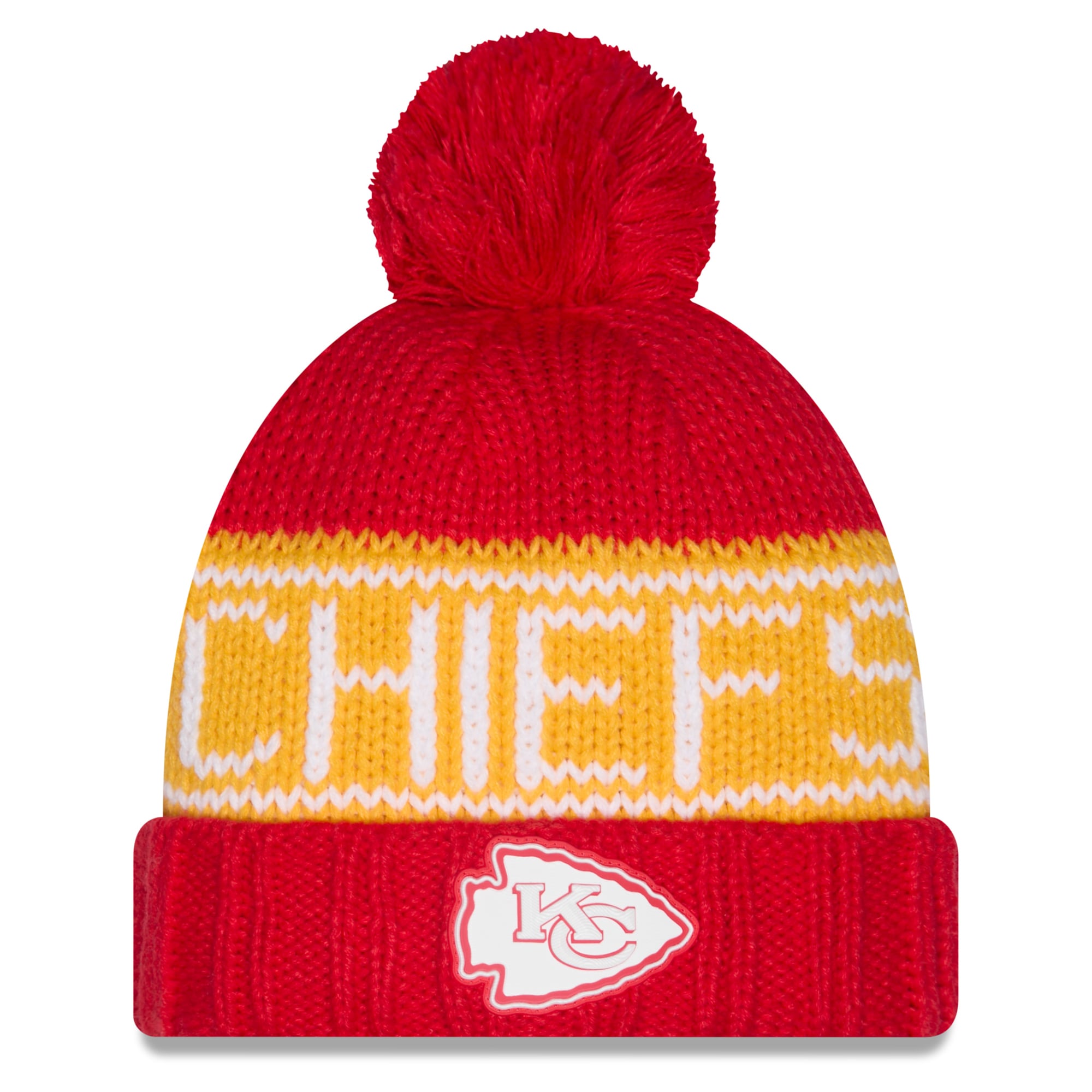 Bonnet d'hiver à revers New Era rouge Kansas City Chiefs 2026 pour femme, avec pompon.