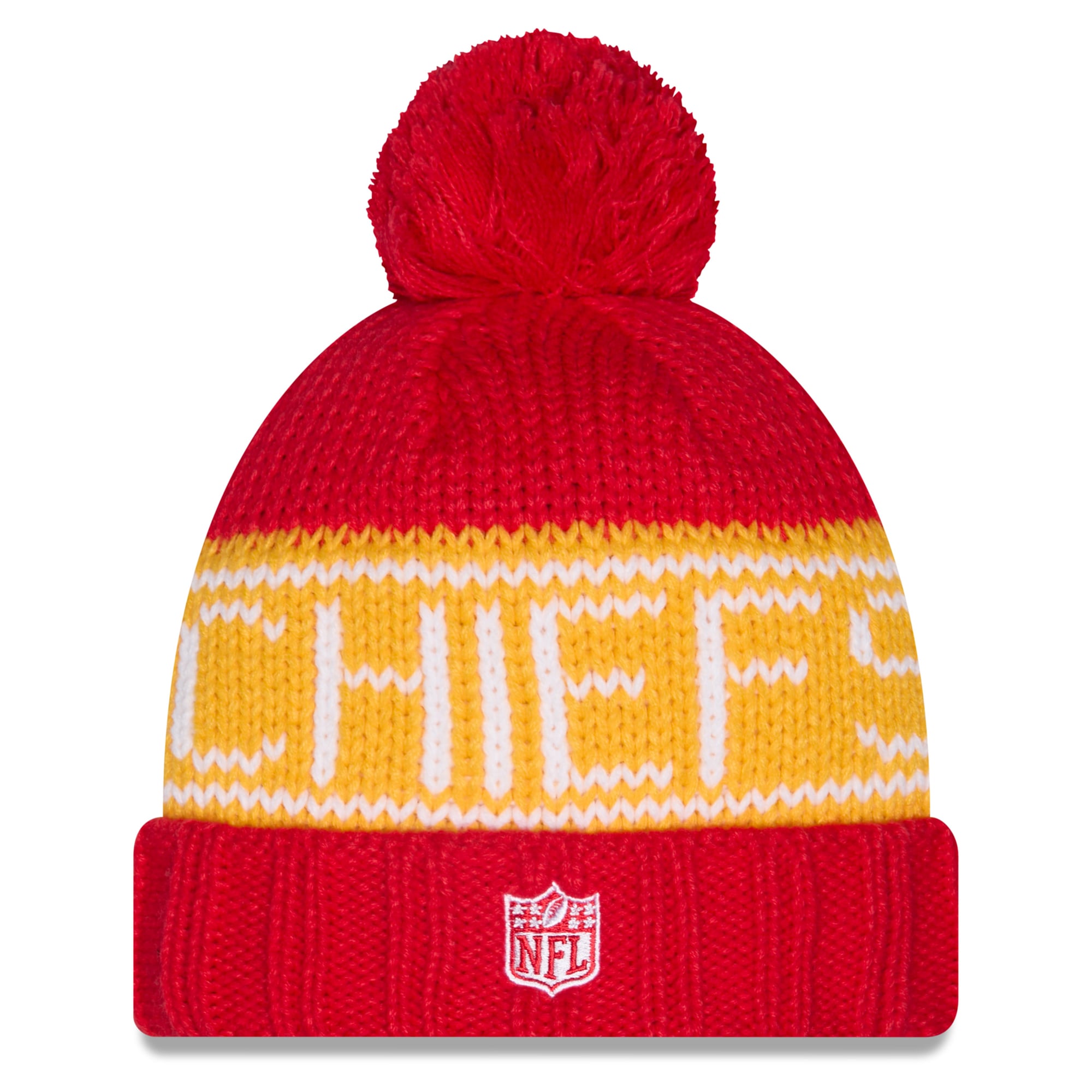 Bonnet d'hiver à revers New Era rouge Kansas City Chiefs 2026 pour femme, avec pompon.