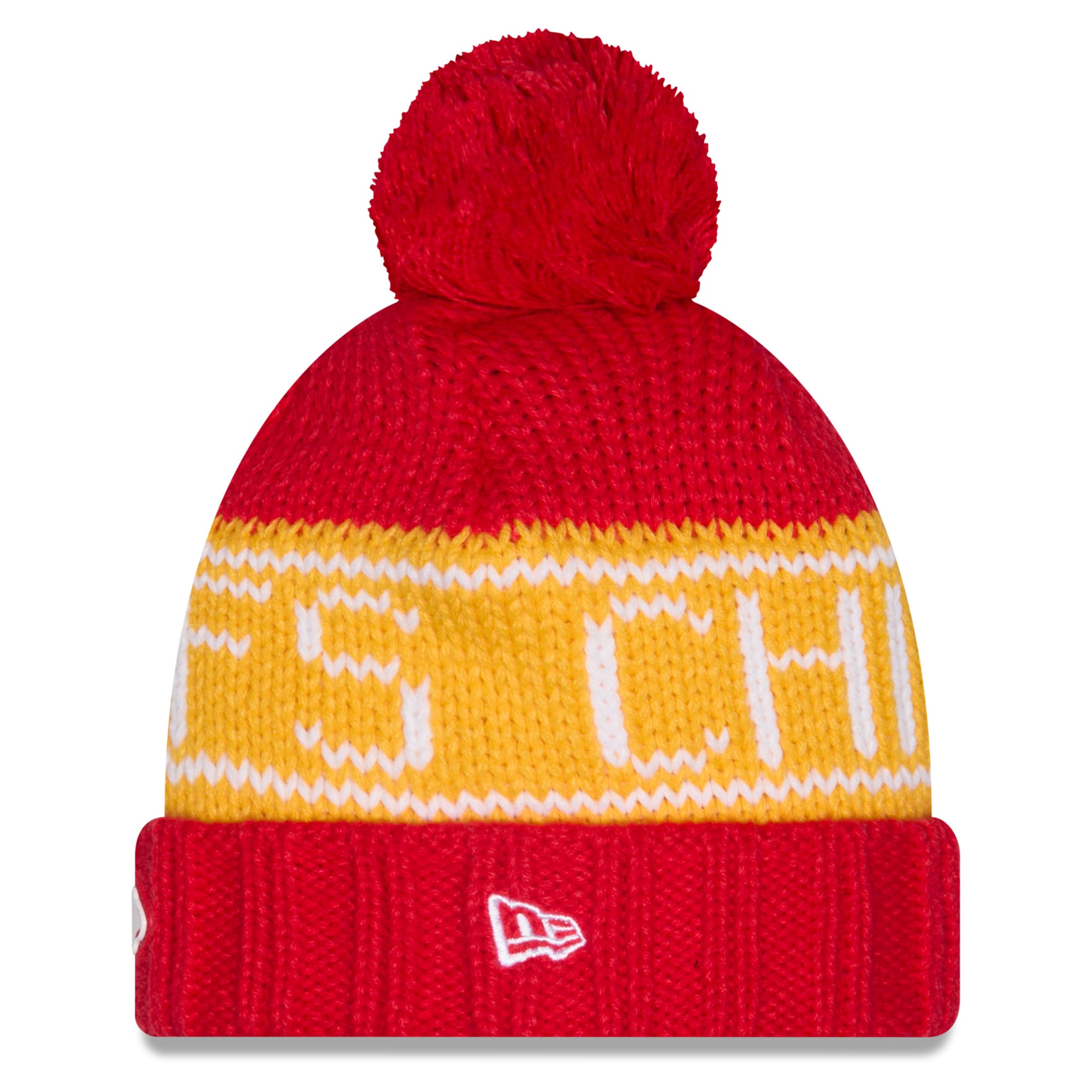 Bonnet d'hiver à revers New Era rouge Kansas City Chiefs 2026 pour femme, avec pompon.