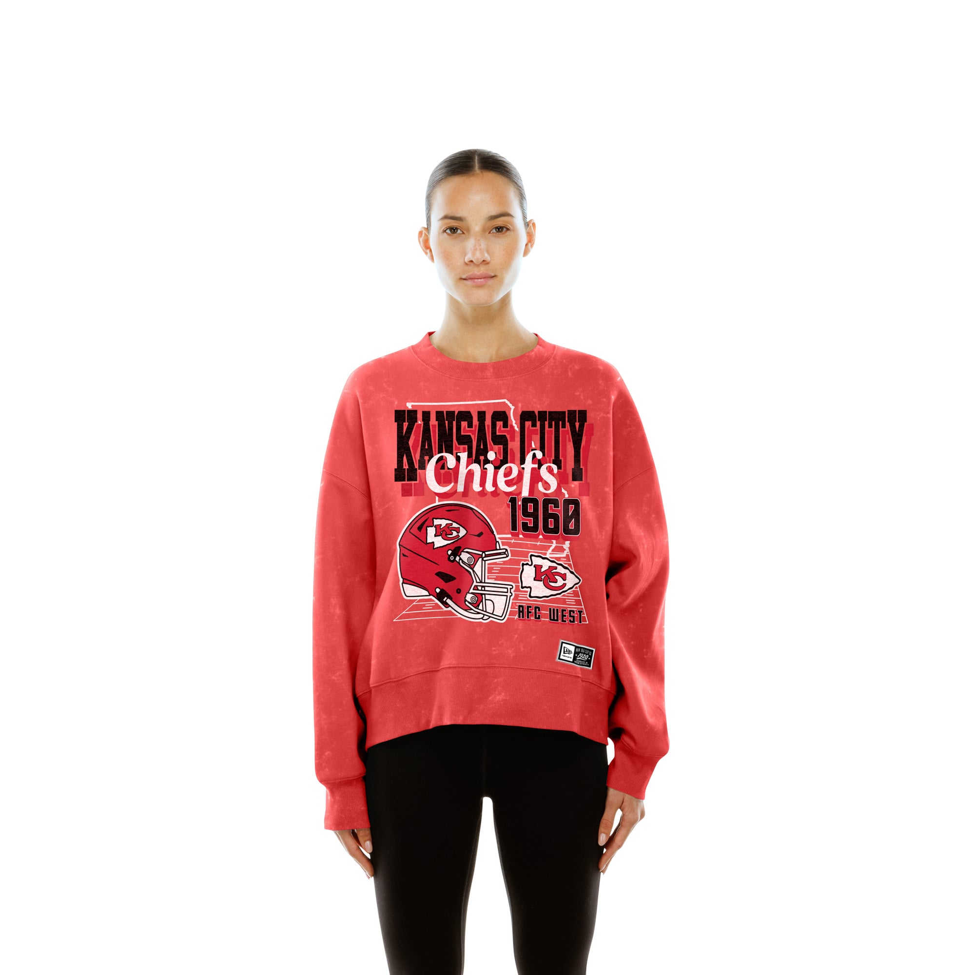 Sweat-shirt à col rond en molleton délavé carré rouge Kansas City Chiefs de New Era pour femme