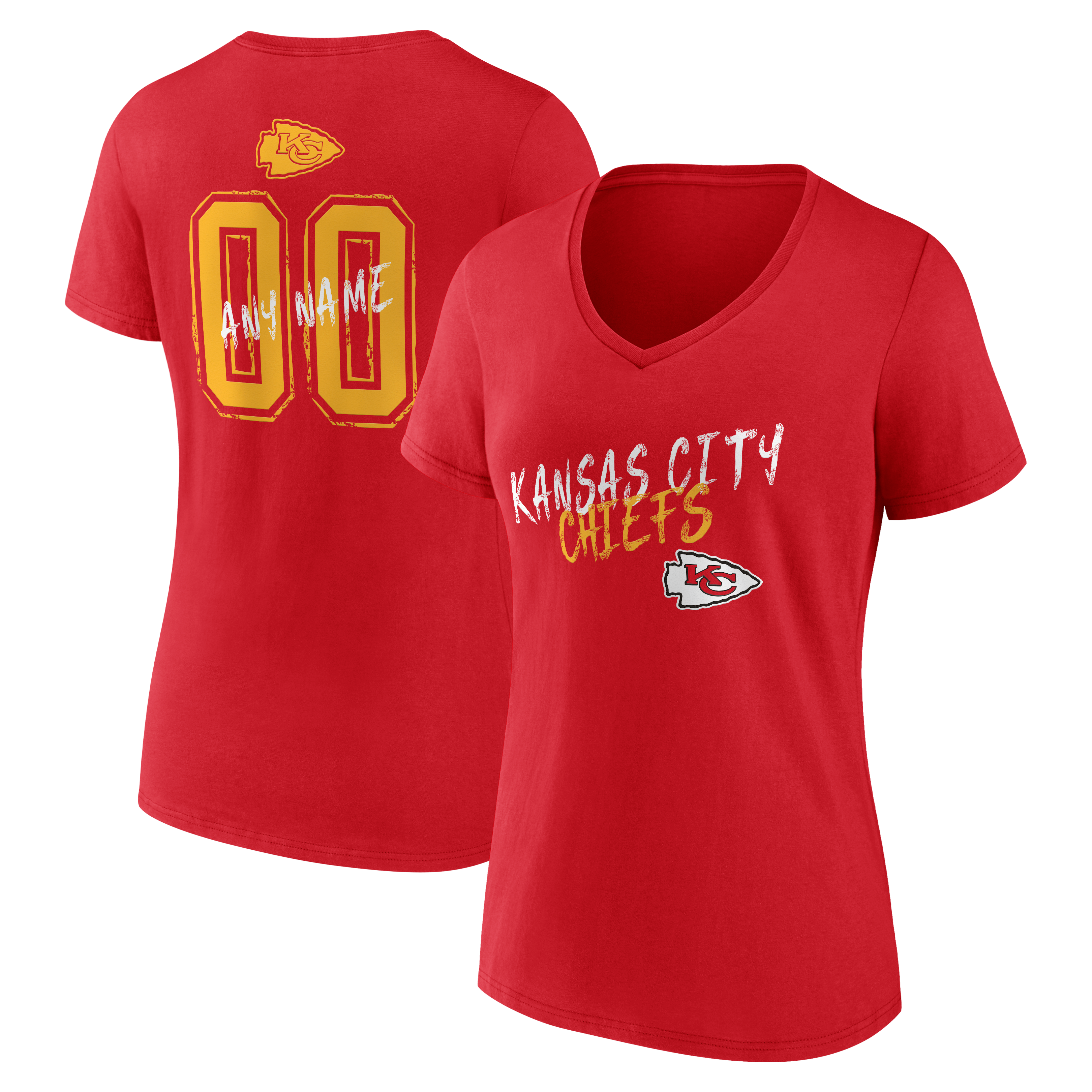 T-shirt à col en V personnalisé avec nom et numéro des Kansas City Chiefs, rouge, pour femmes