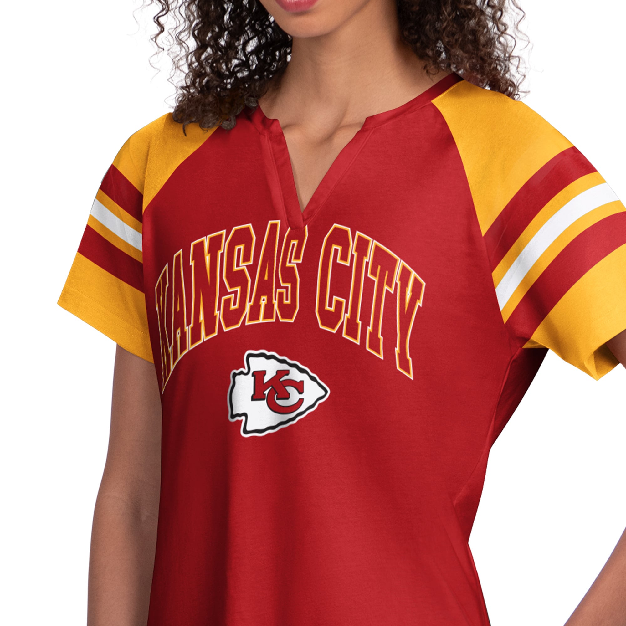 T-shirt raglan à col cranté Starter rouge pour femmes, Kansas City Chiefs Game On