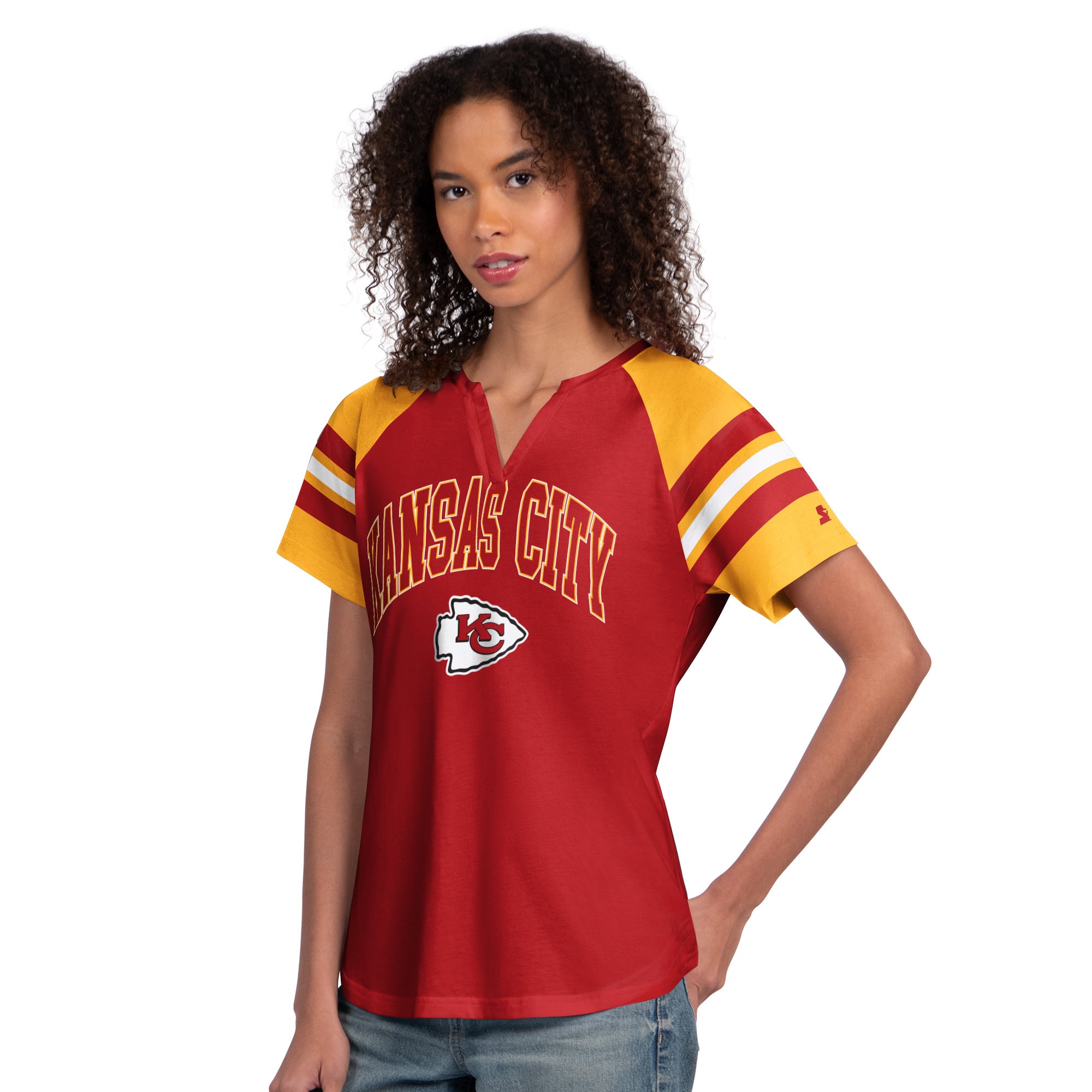 T-shirt raglan à col cranté Starter rouge pour femmes, Kansas City Chiefs Game On