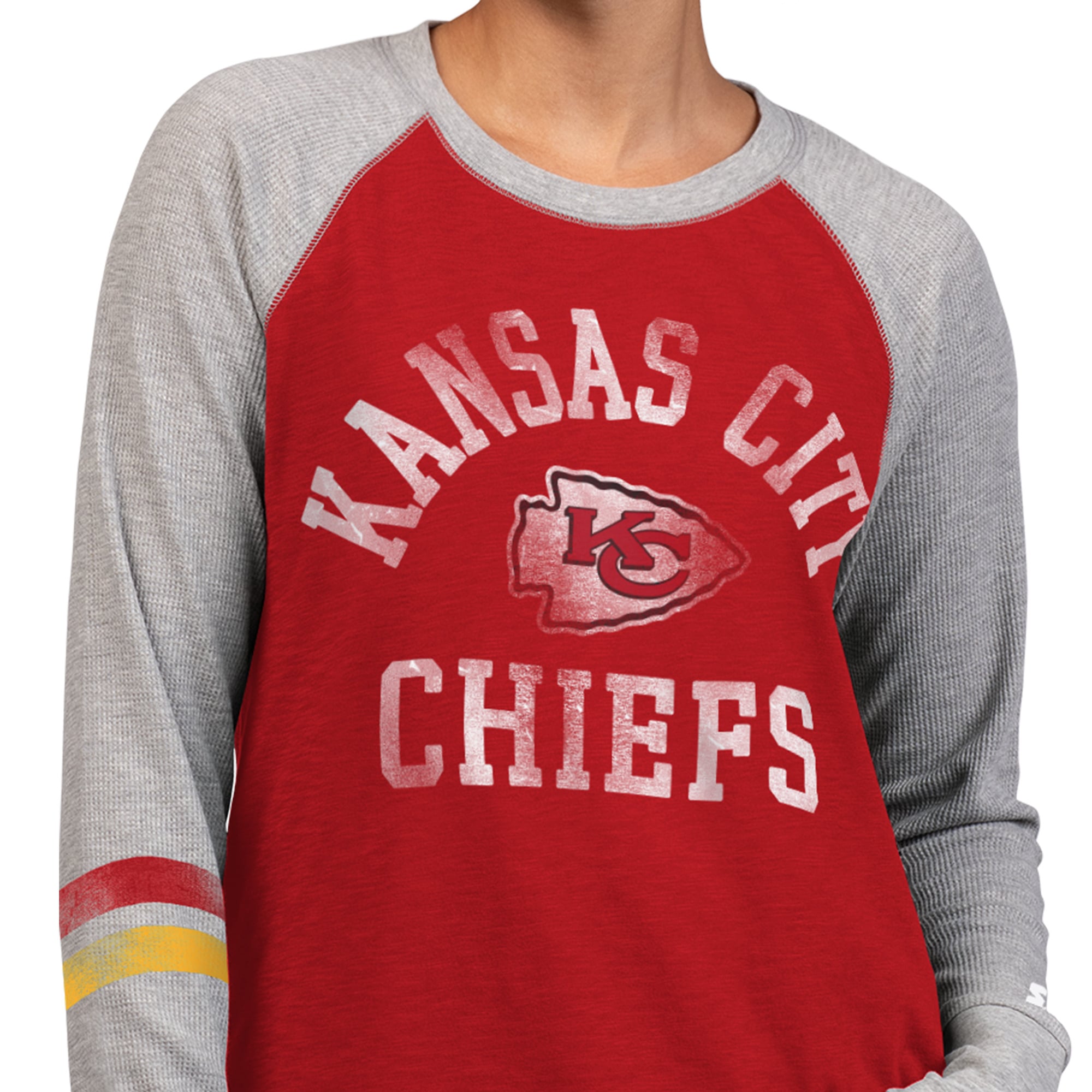 T-shirt à manches longues raglan en maille gaufrée Starter rouge/gris Kansas City Chiefs pour femmes