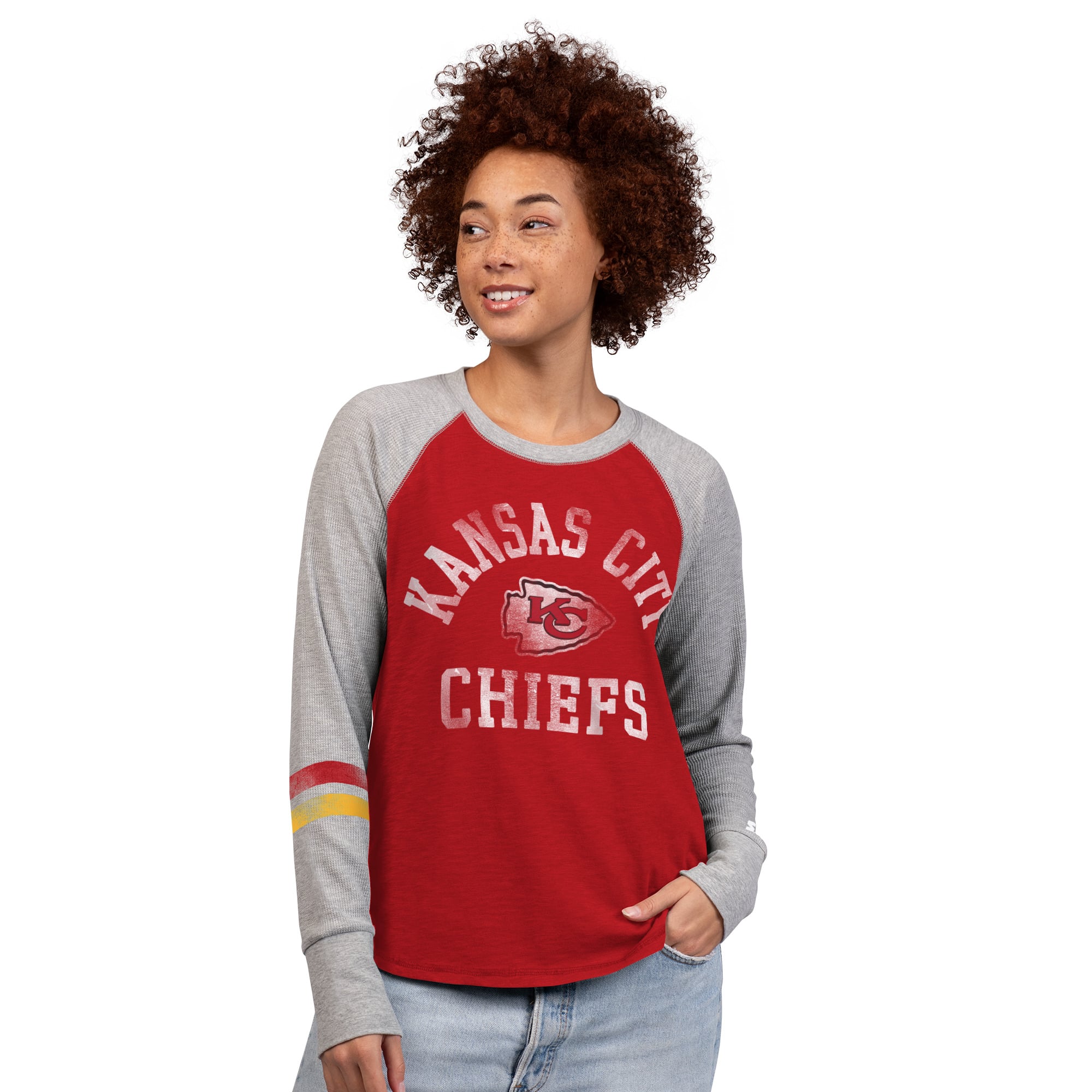 T-shirt à manches longues raglan en maille gaufrée Starter rouge/gris Kansas City Chiefs pour femmes