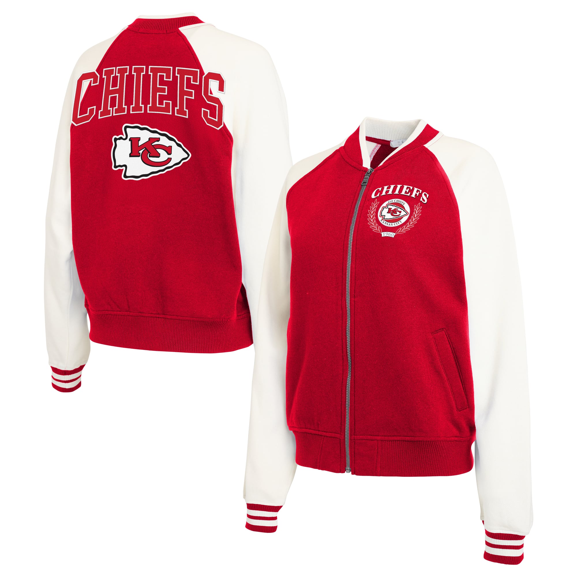 Women's WEAR by Erin Andrews Red Kansas City Chiefs Throwback Varsity Fleece Raglan Full-Zip Jacket