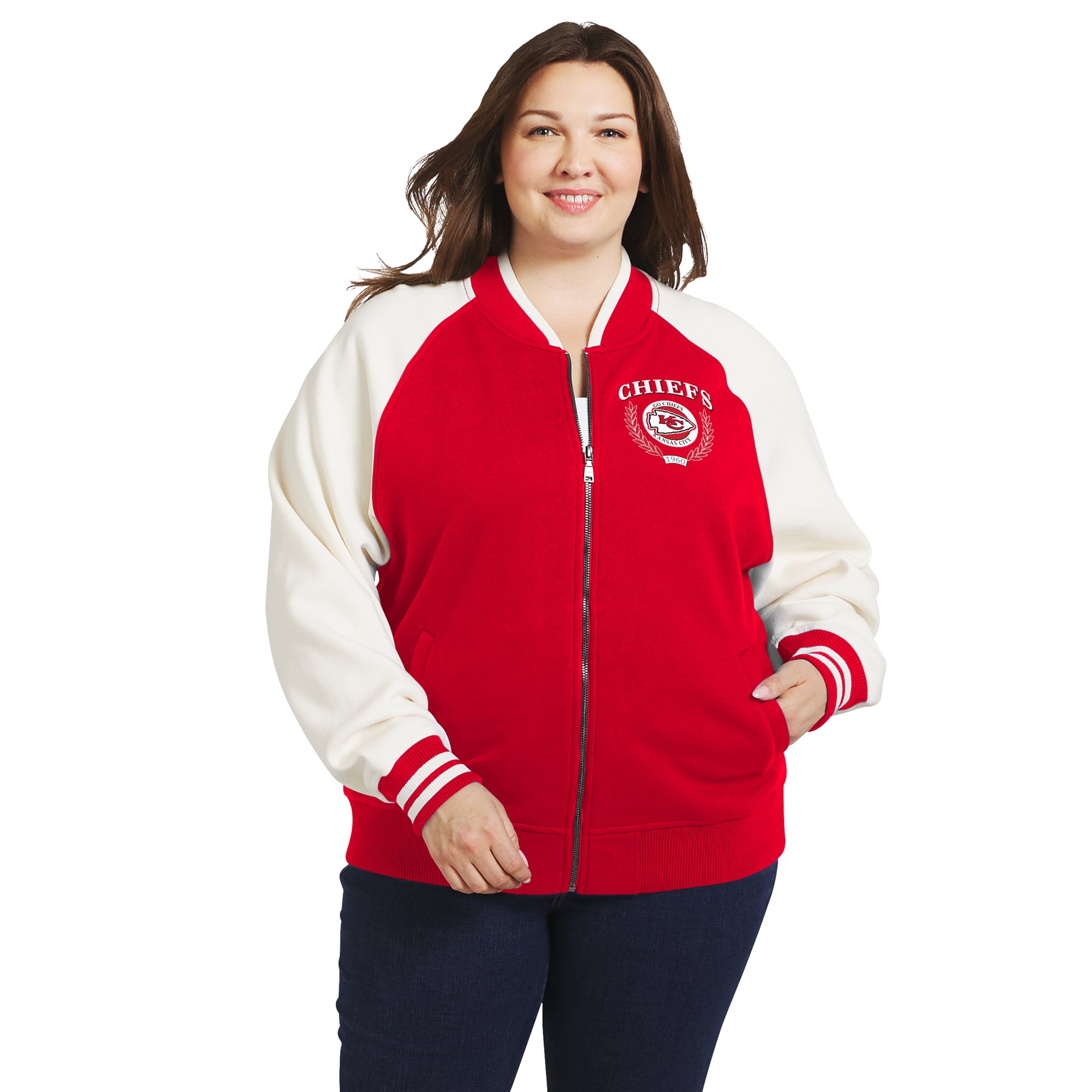Women's WEAR by Erin Andrews Red/White Kansas City Chiefs Throwback Plus Fleece Varsity Full-Zip Jacket
