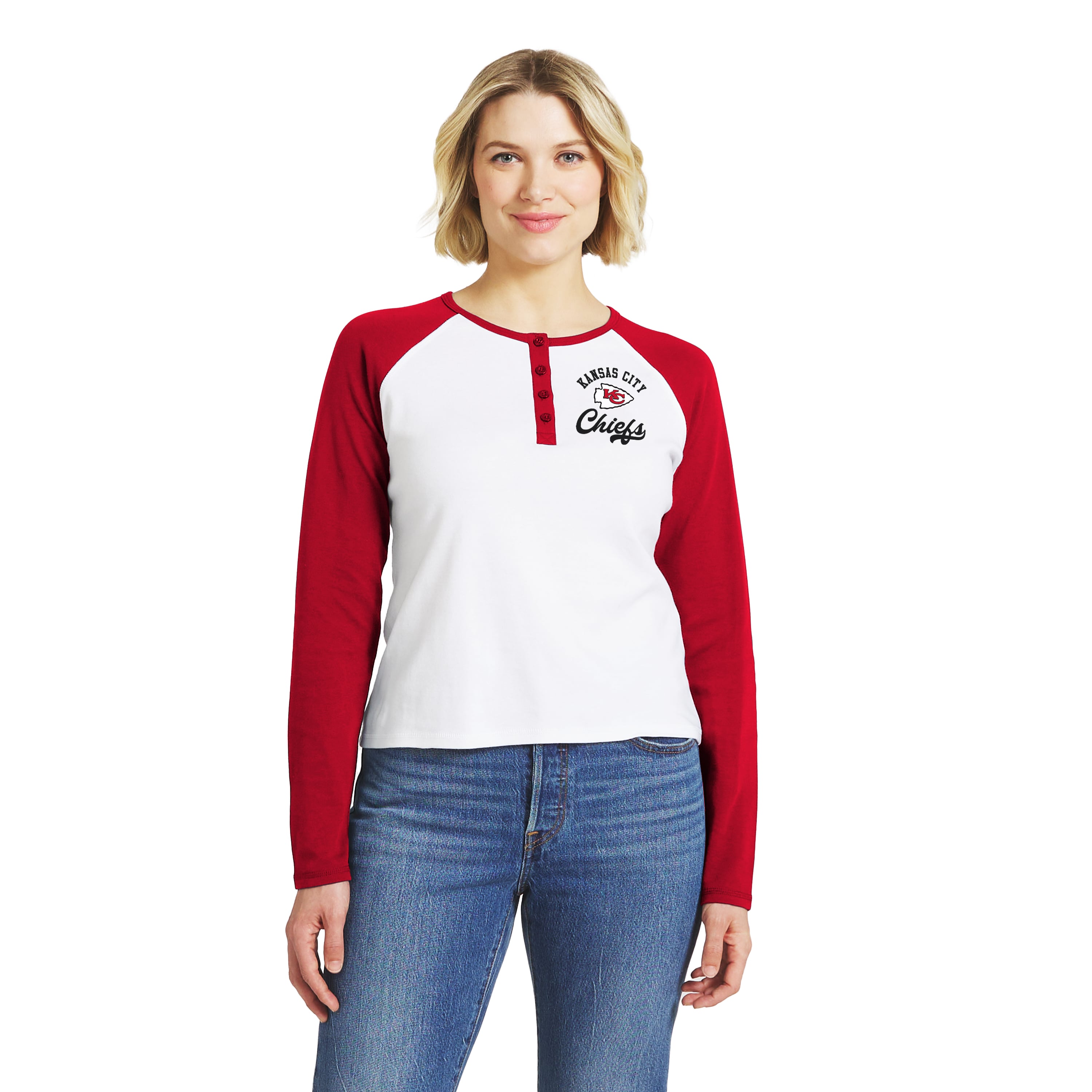 Women's WEAR by Erin Andrews White/Red Kansas City Chiefs Henley Long Sleeve Raglan T-Shirt