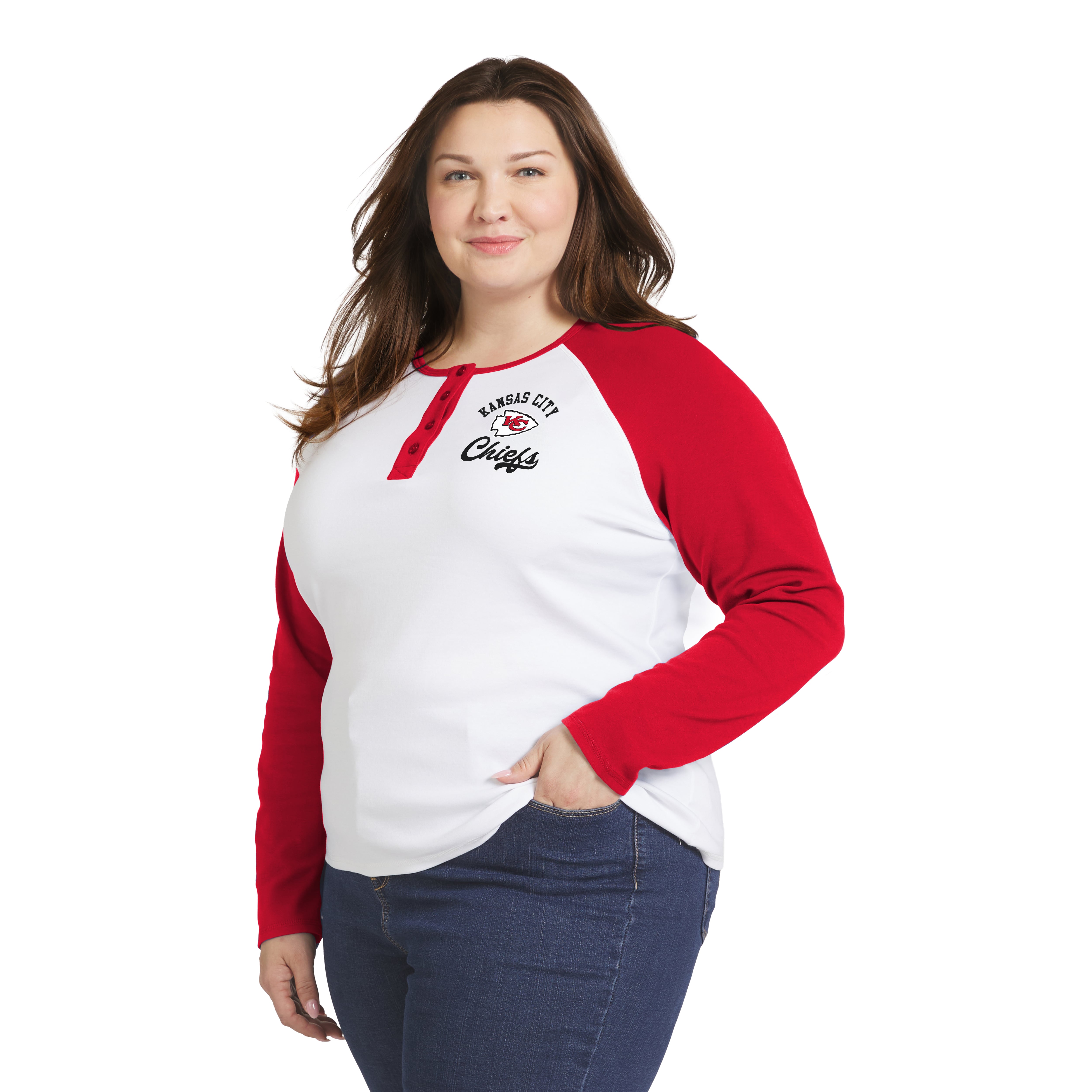 Women's WEAR by Erin Andrews White/Red Kansas City Chiefs Plus Henley Long Sleeve Raglan T-Shirt