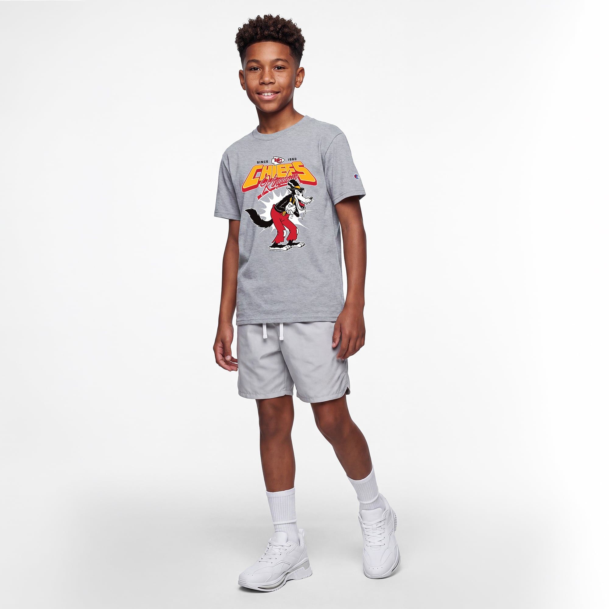 T-shirt Disney x Champion pour enfants, gris chiné, Kansas City Chiefs, Grand Méchant Loup