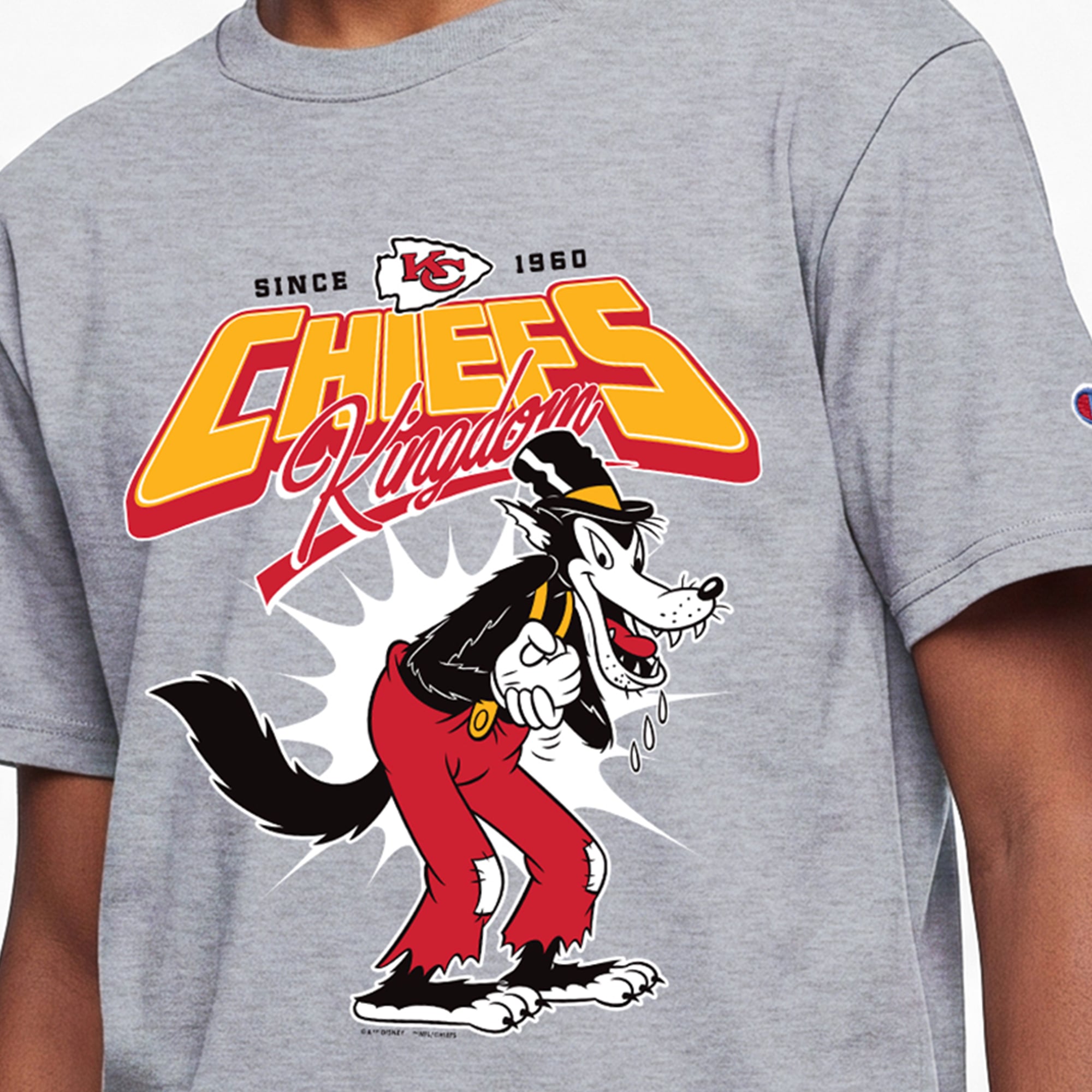 T-shirt Disney x Champion pour enfants, gris chiné, Kansas City Chiefs, Grand Méchant Loup