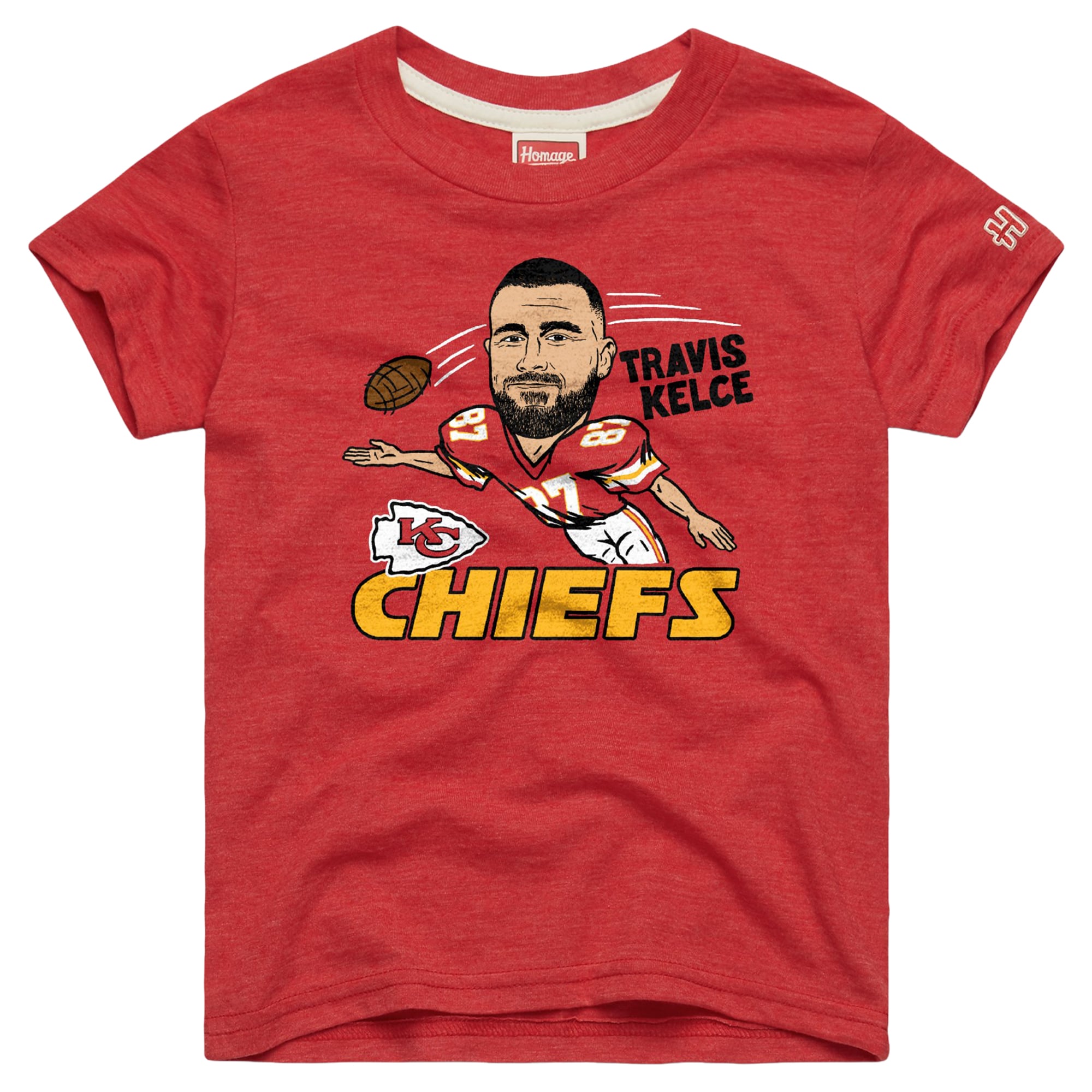T-shirt caricature de Travis Kelce, hommage aux jeunes des Kansas City Chiefs, rouge